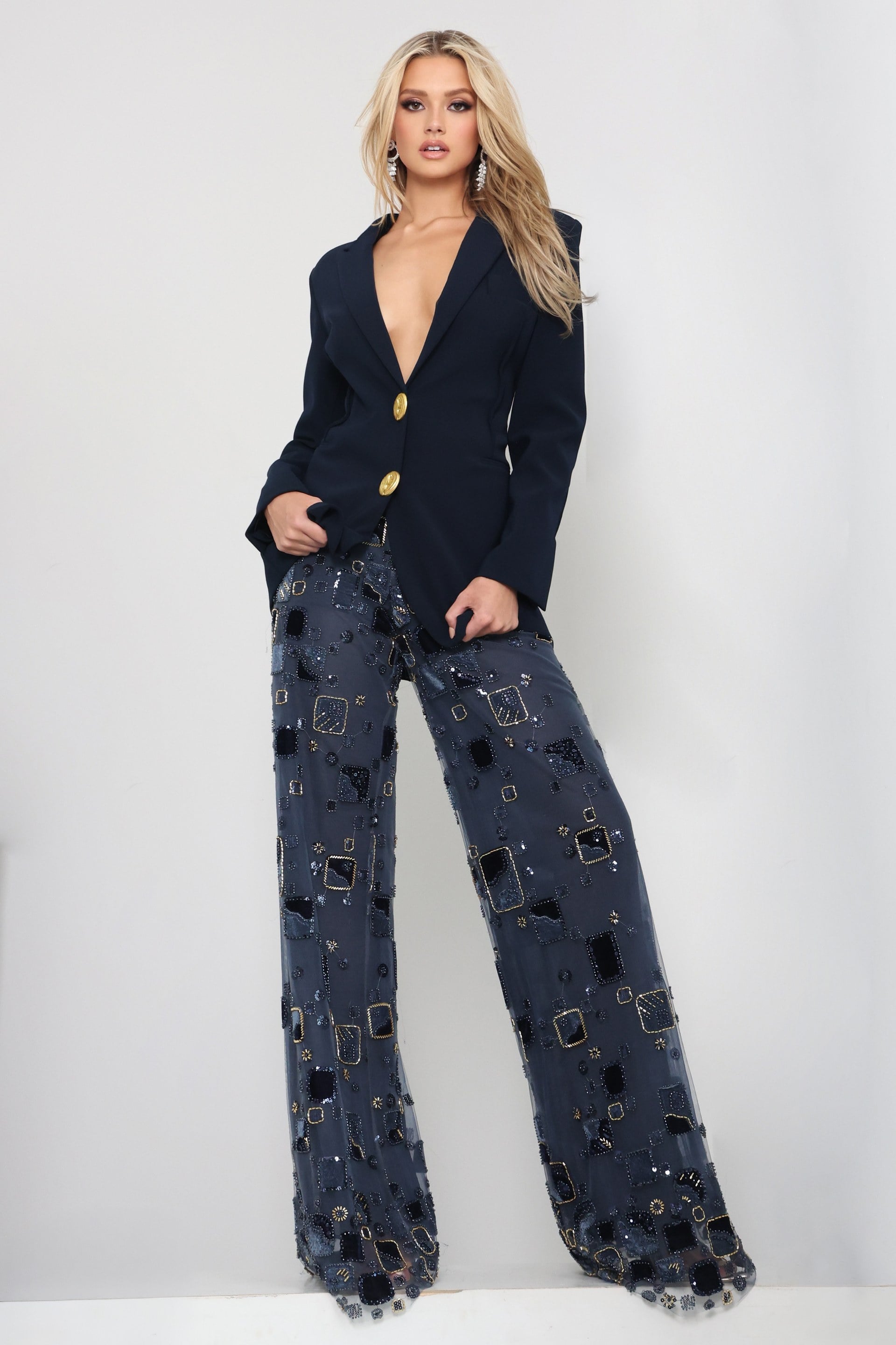 Navy V-Neck Floor-Length Crepe Mesh Evening Formal Blazer Wide-Leg Pant Suit Jovani 52096