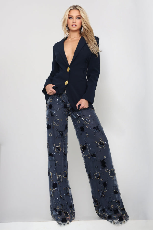 V-Neck Floor-Length Crepe Mesh Evening Formal Blazer Wide-Leg Pant Suit Jovani 52096