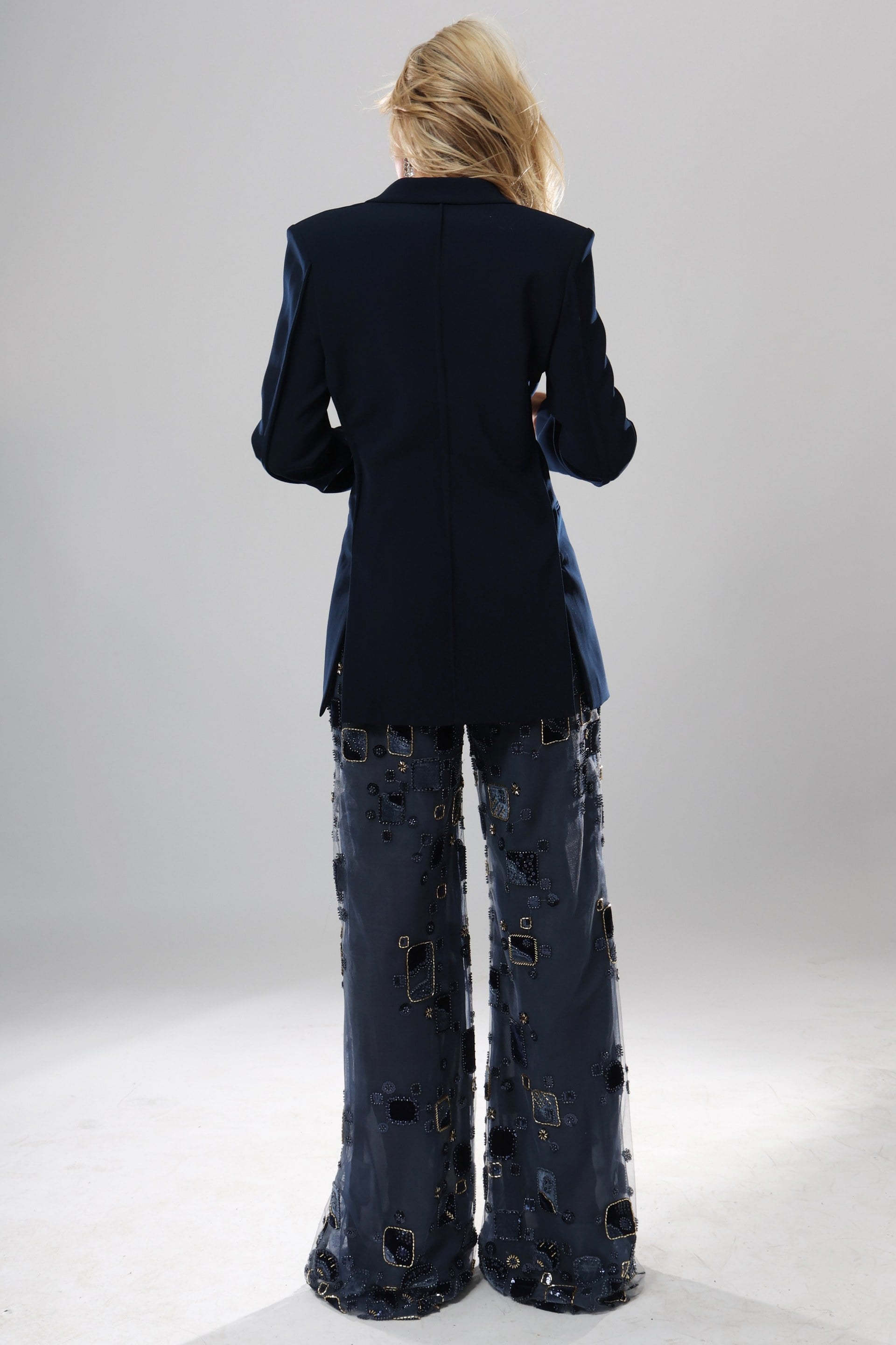 Navy V-Neck Floor-Length Crepe Mesh Evening Formal Blazer Wide-Leg Pant Suit Jovani 52096