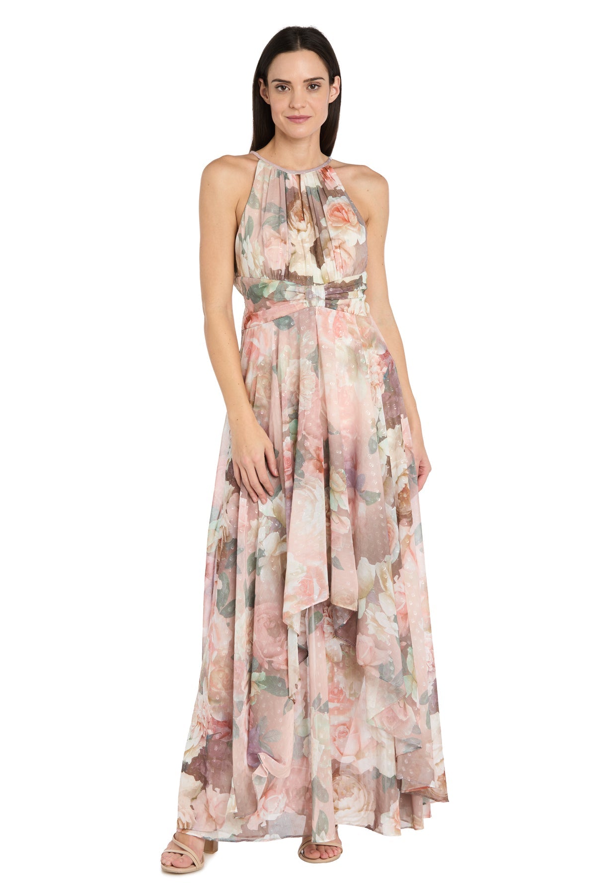 Rose Wood Halter Floor-Length Chiffon Formal Gown Asymmetrical Skirt R&M Richards 5233P