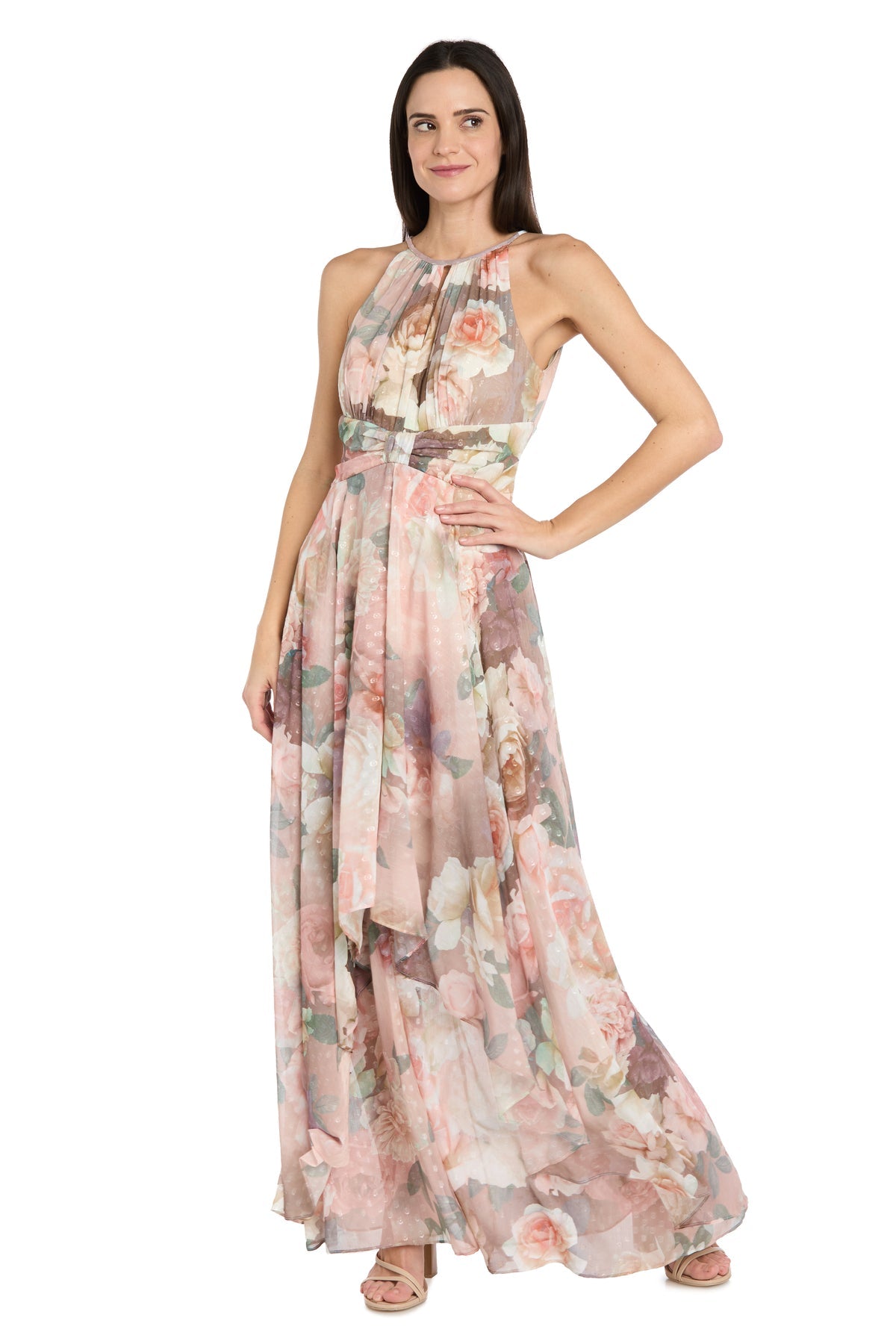 Rose Wood Halter Floor-Length Chiffon Formal Gown Asymmetrical Skirt R&M Richards 5233P