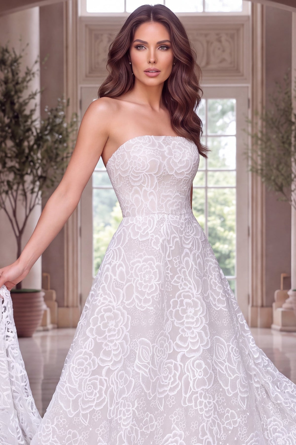 Strapless Curved Neck Floor-Length Lace Formal A-Line Jovani 52364