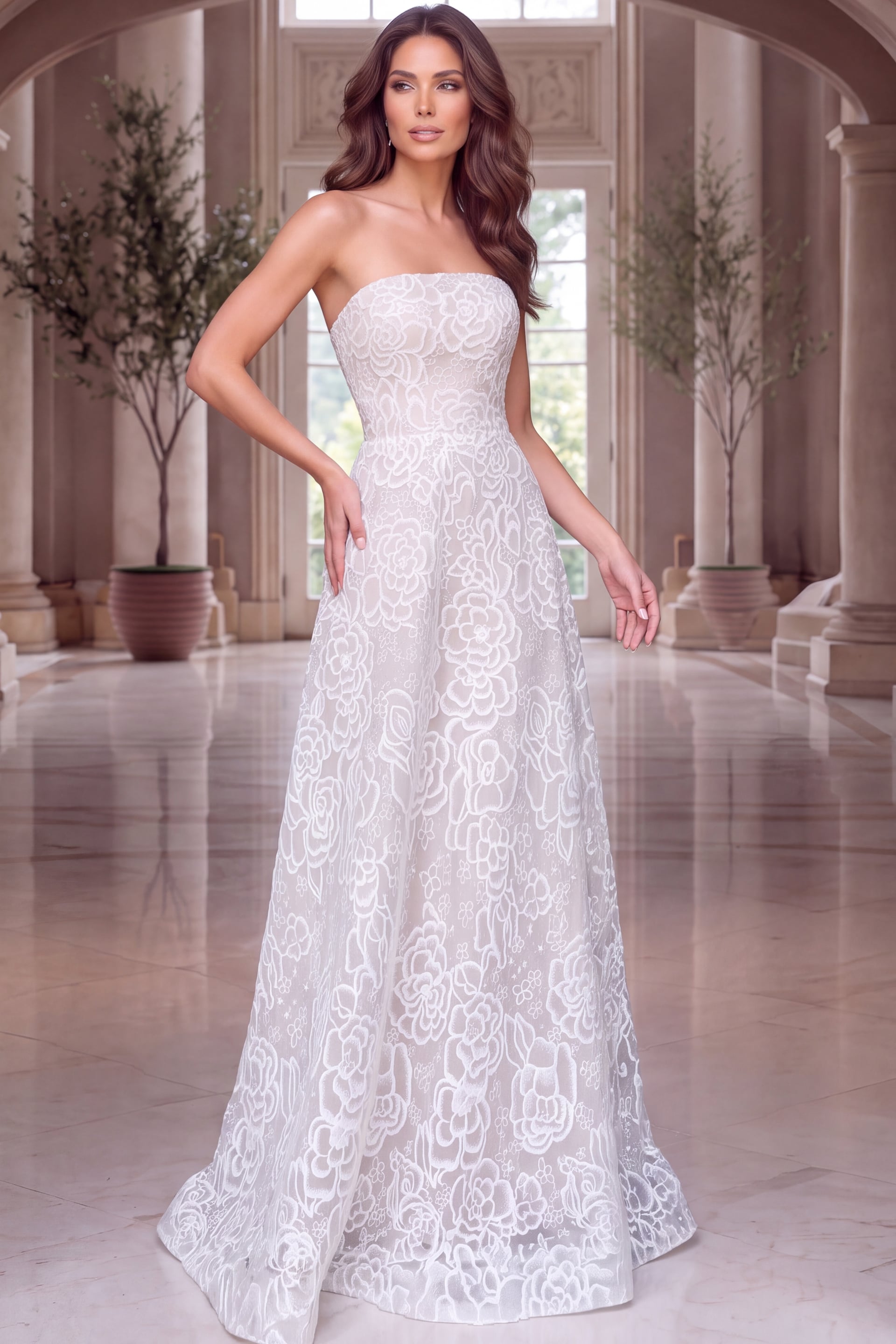 Strapless Curved Neck Floor-Length Lace Formal A-Line Jovani 52364