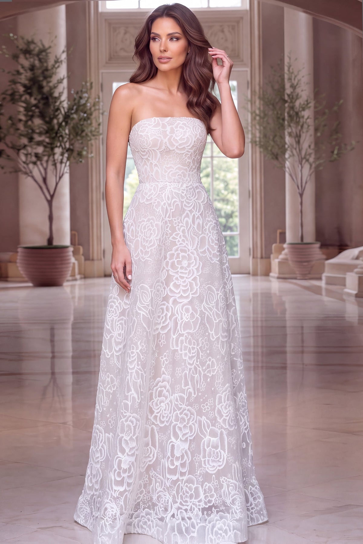 Strapless Curved Neck Floor-Length Lace Formal A-Line Jovani 52364