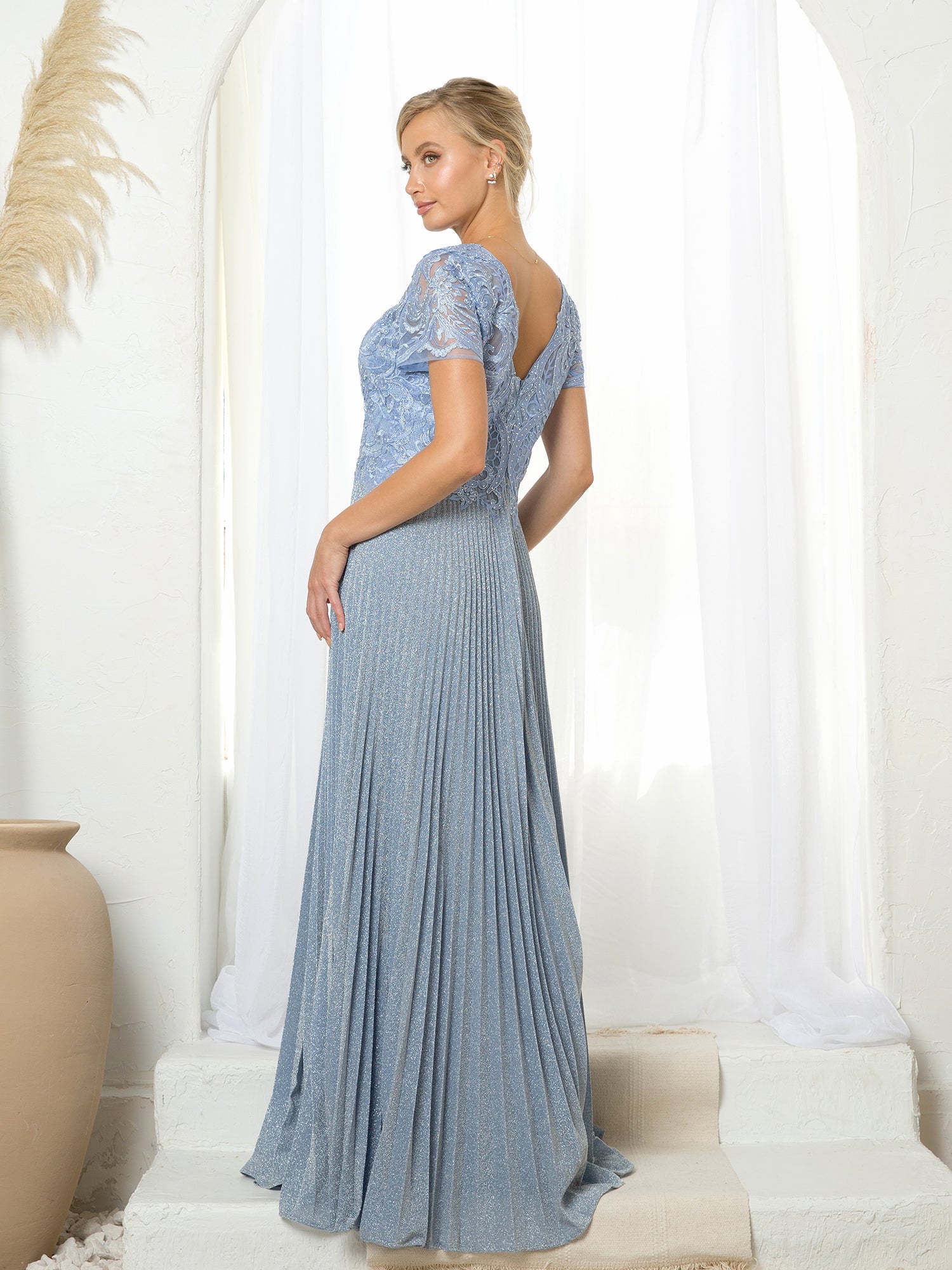 light blue metallic dress Mother of the Bride Long Formal Metallic Dress