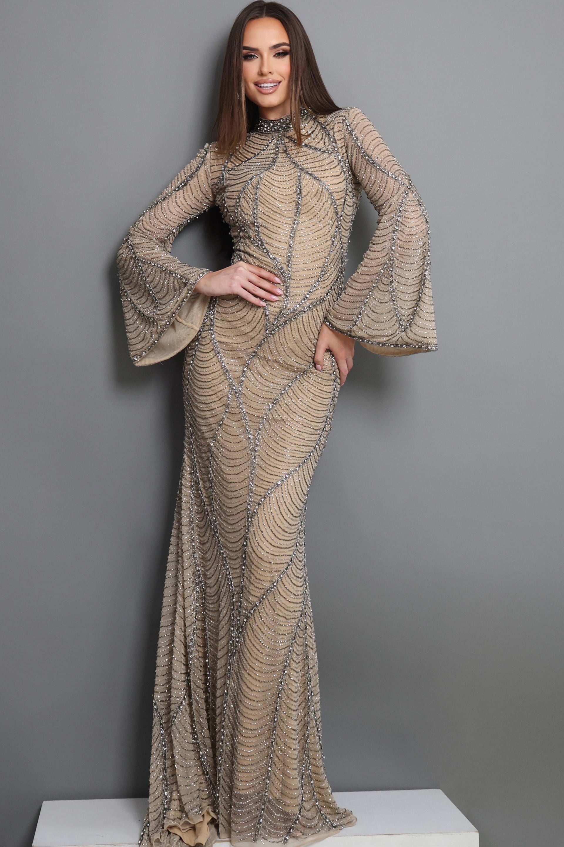 Crew/High-Neck Floor-Length Sequin Evening Sheath Jovani 52447