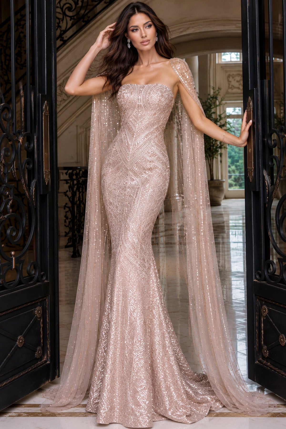 Strapless Curved Neck Floor-Length Sequin Occasion Mermaid Jovani 52485