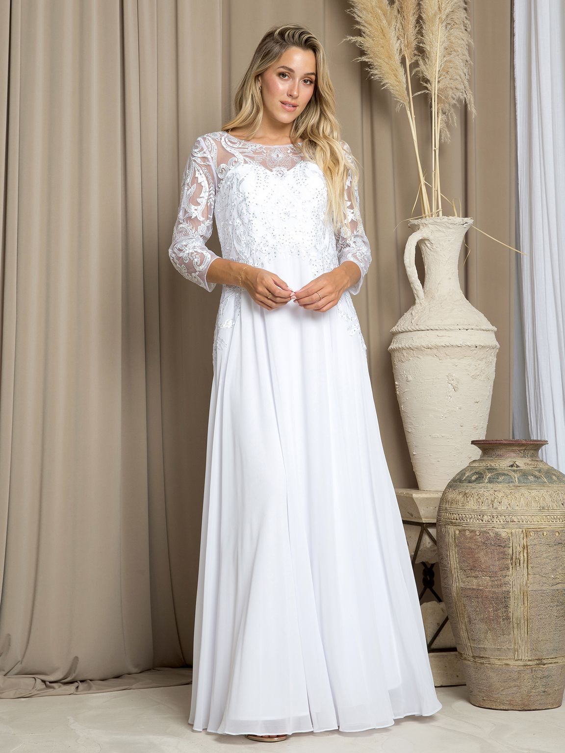 Eva Fashion 5248 Long Formal Mother of The Bride Dress - White / 2XL Eva Fashion 5248 Long Formal Mother of The Bride Dress - White / 2XL