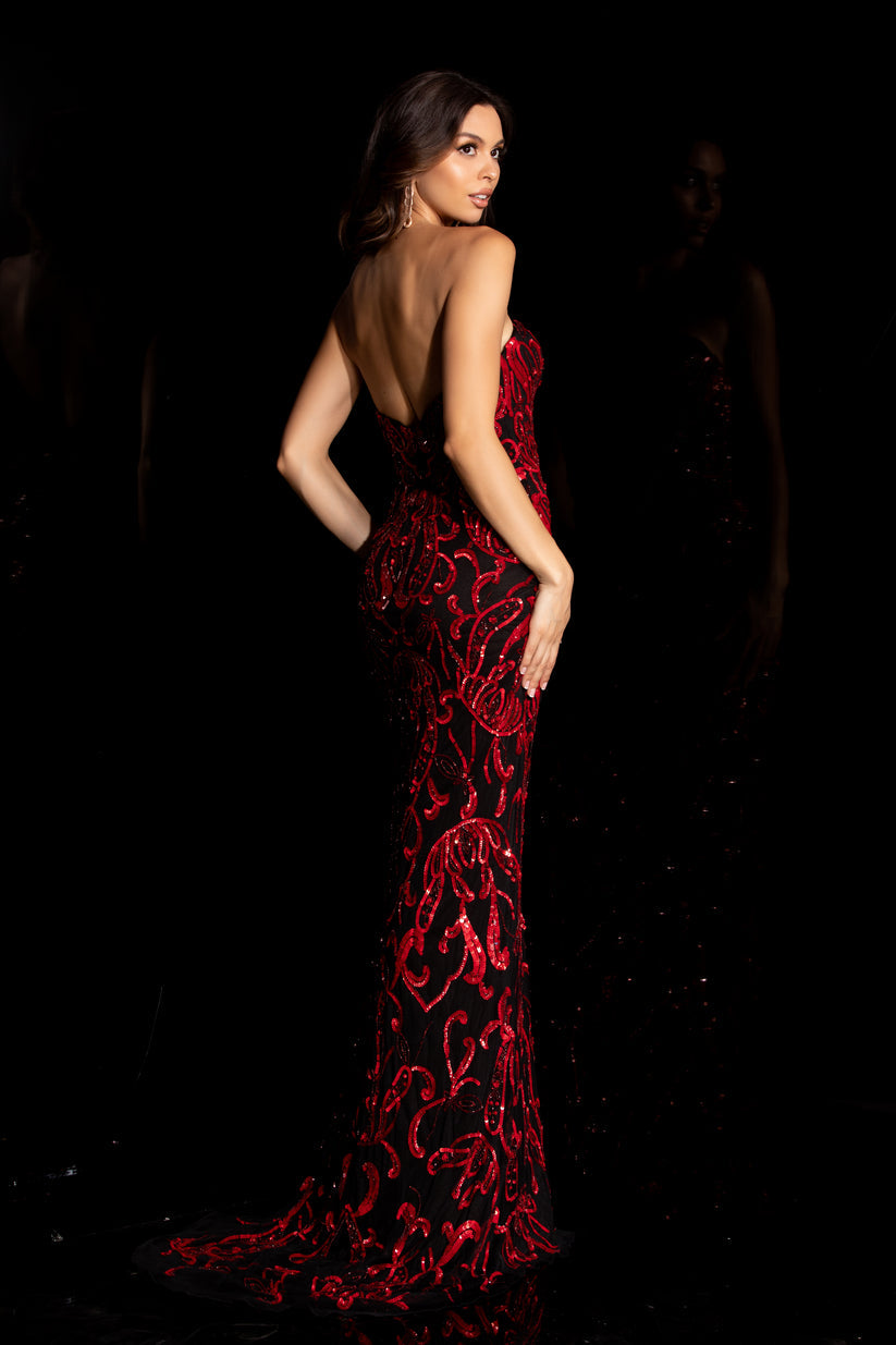 Prom Dresses Lace Formal Long Slit Prom Sequin Dress Aleta 524 Black/Red