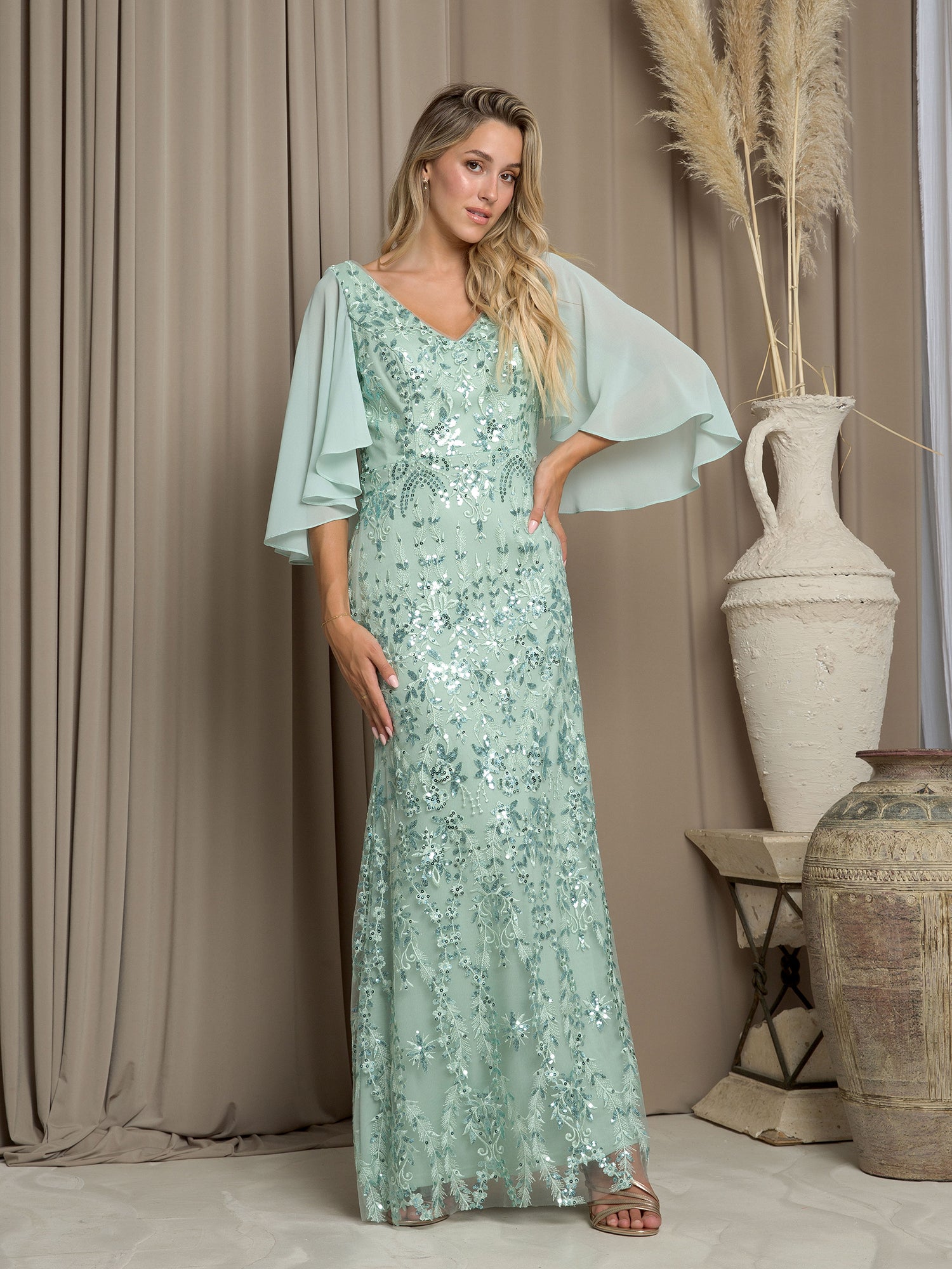 Eva Fashion 5255 Long Formal Mother of the Bride Cape Dress