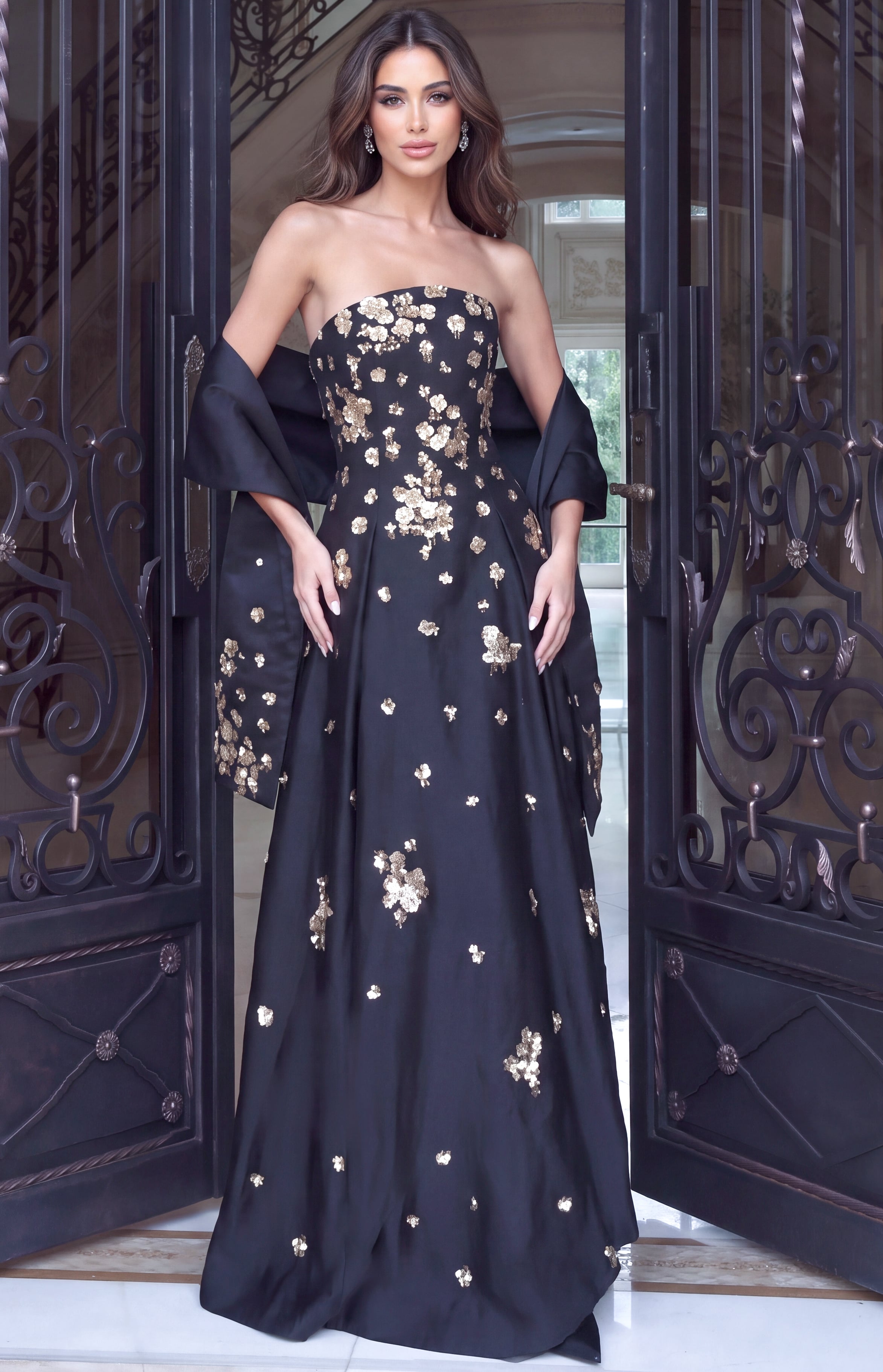 Strapless Curved Neck Floor-Length Satin Occasion Ball Gown Jovani 52552