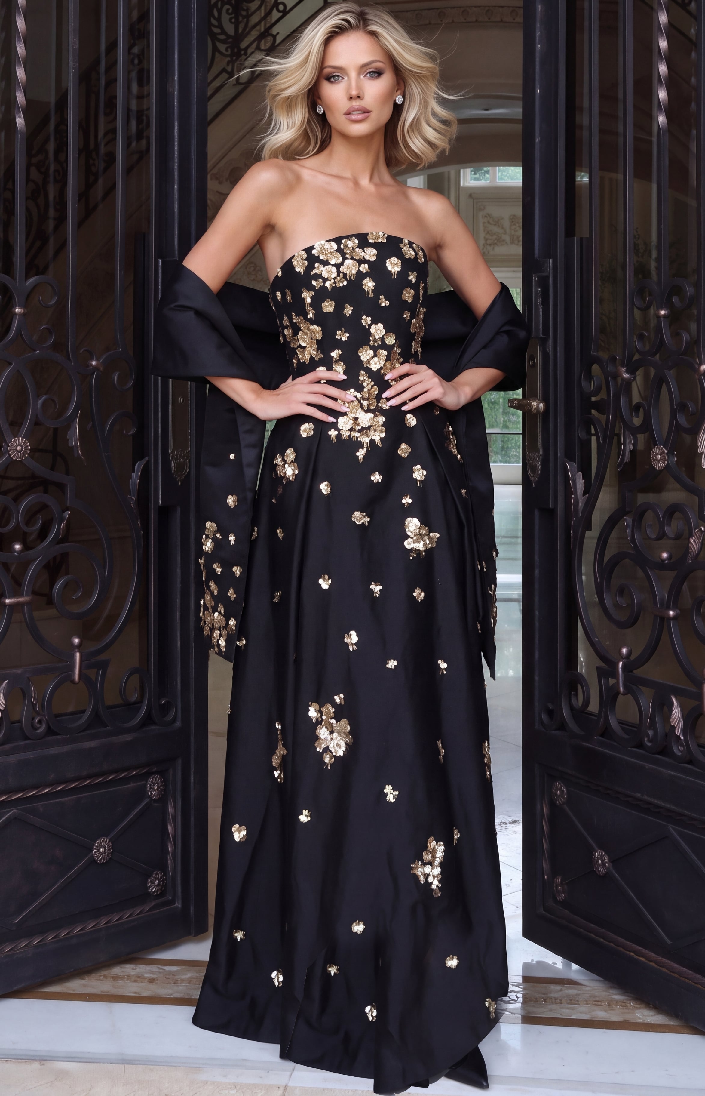Strapless Curved Neck Floor-Length Satin Occasion Ball Gown Jovani 52552