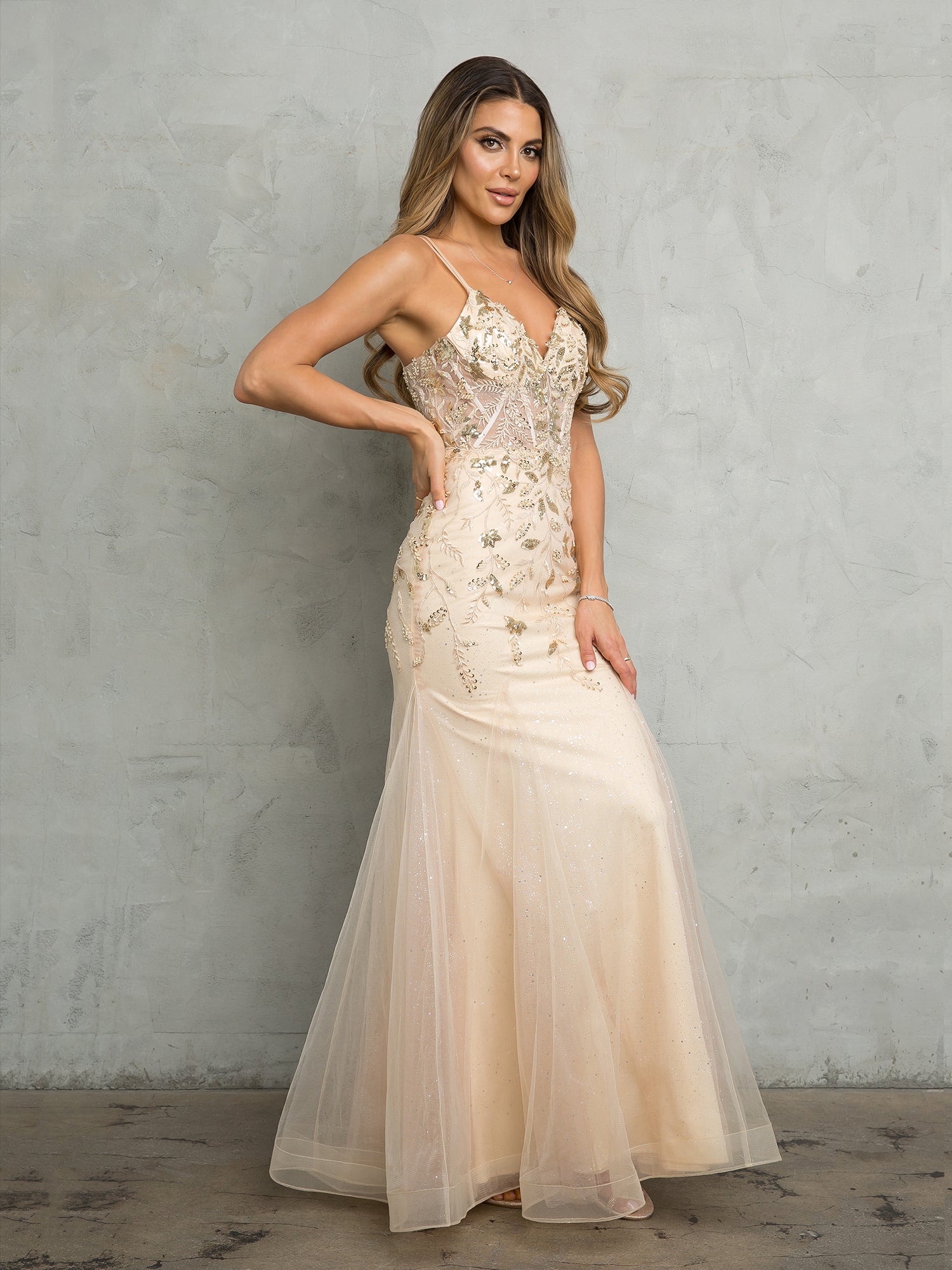 beige formal dresses Women's & Evening Gowns as the delicate tulle overlay graces the tops of the right shoulder. Eva Fashion 5257 Long Fitted