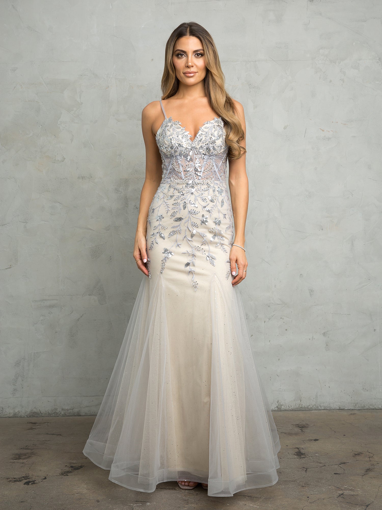 Champagne Eva Fashion 5257 Long Fitted Beaded Sequin Formal Prom Dress