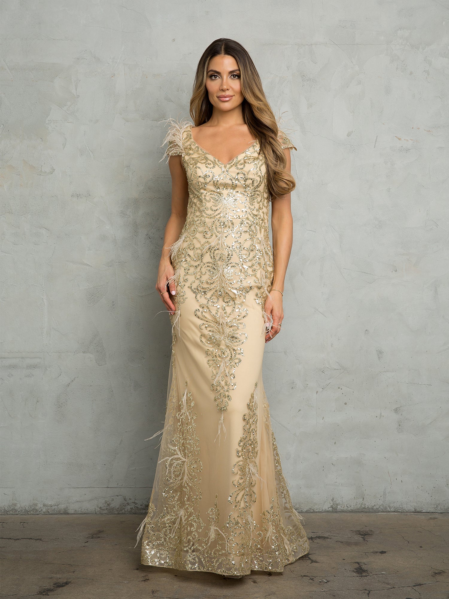 Eva Fashion 5264 Fitted Long Formal Glitter Evening Dress - Champagne / L Eva Fashion 5264 Fitted Long Formal Glitter Evening Dress - Champagne / L