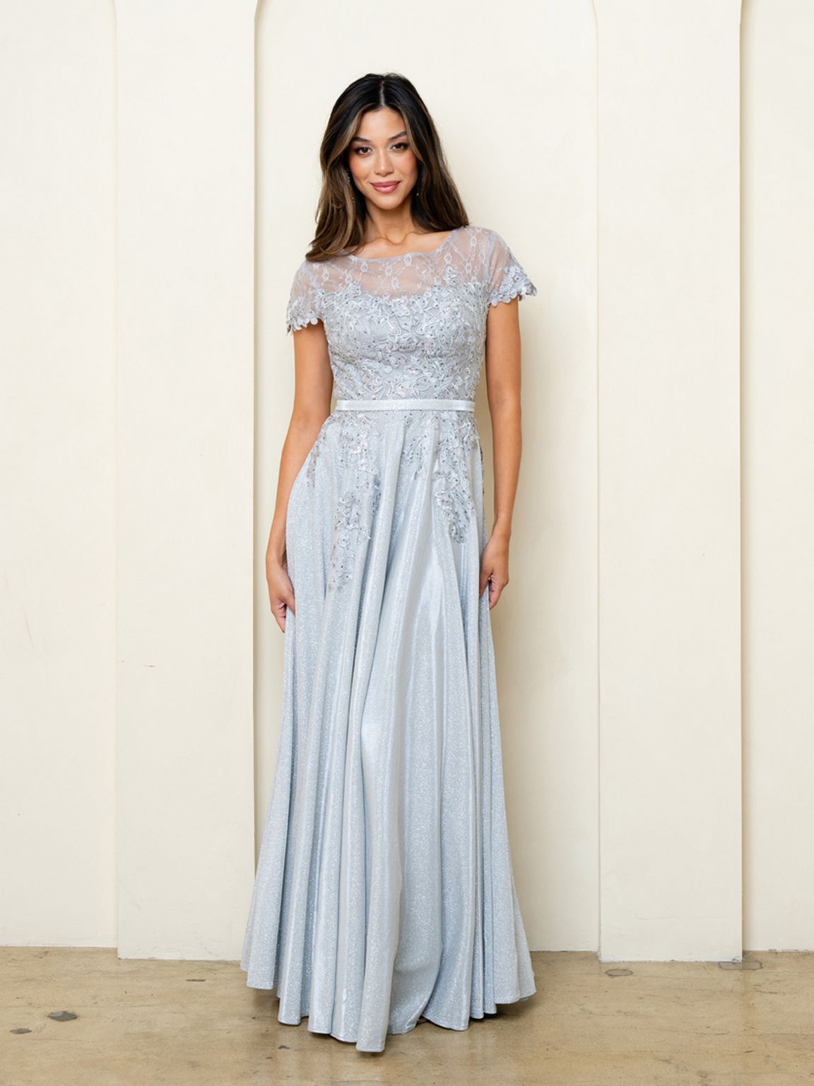 metallic lace bridesmaid dresses L184066 Long V-neck Soft Tulle & Metallic Lace Bridesmaid Dress