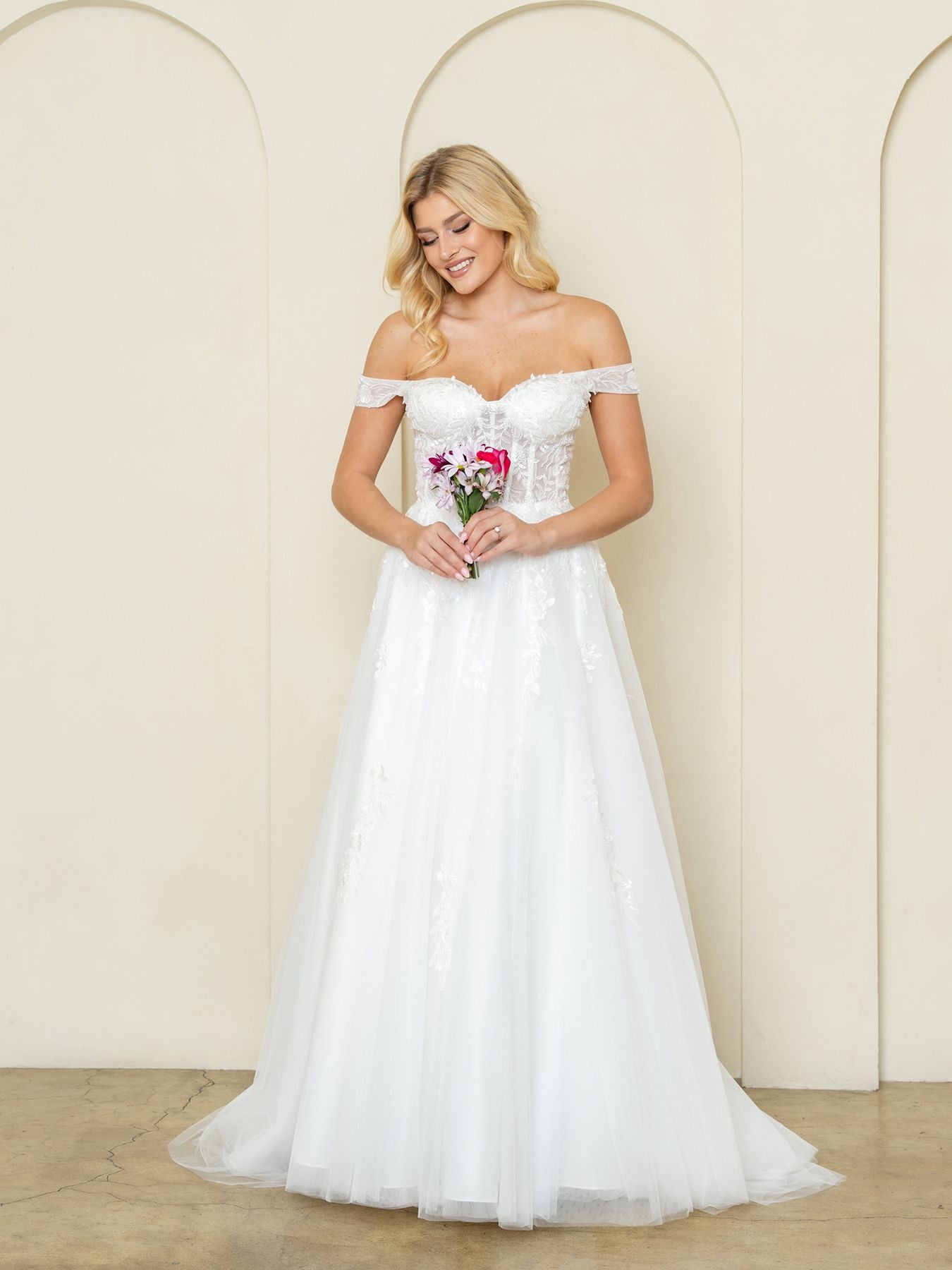 Off-the-Shoulder Floor-Length Tulle Wedding Dress A-Line Eva Fashion 5275