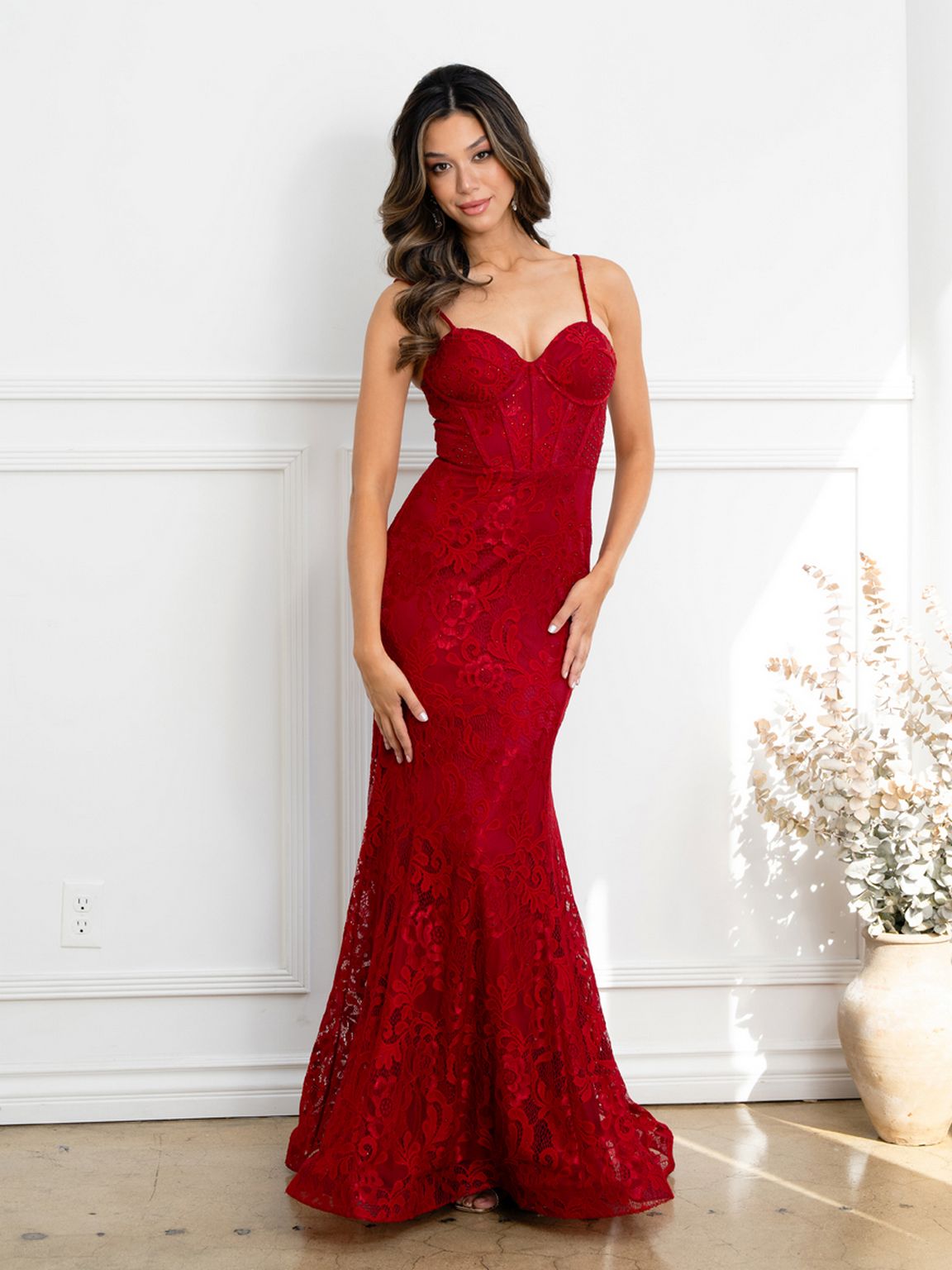 Prom Dresses Long Formal Corset Lace Evening Prom Dress Burgundy