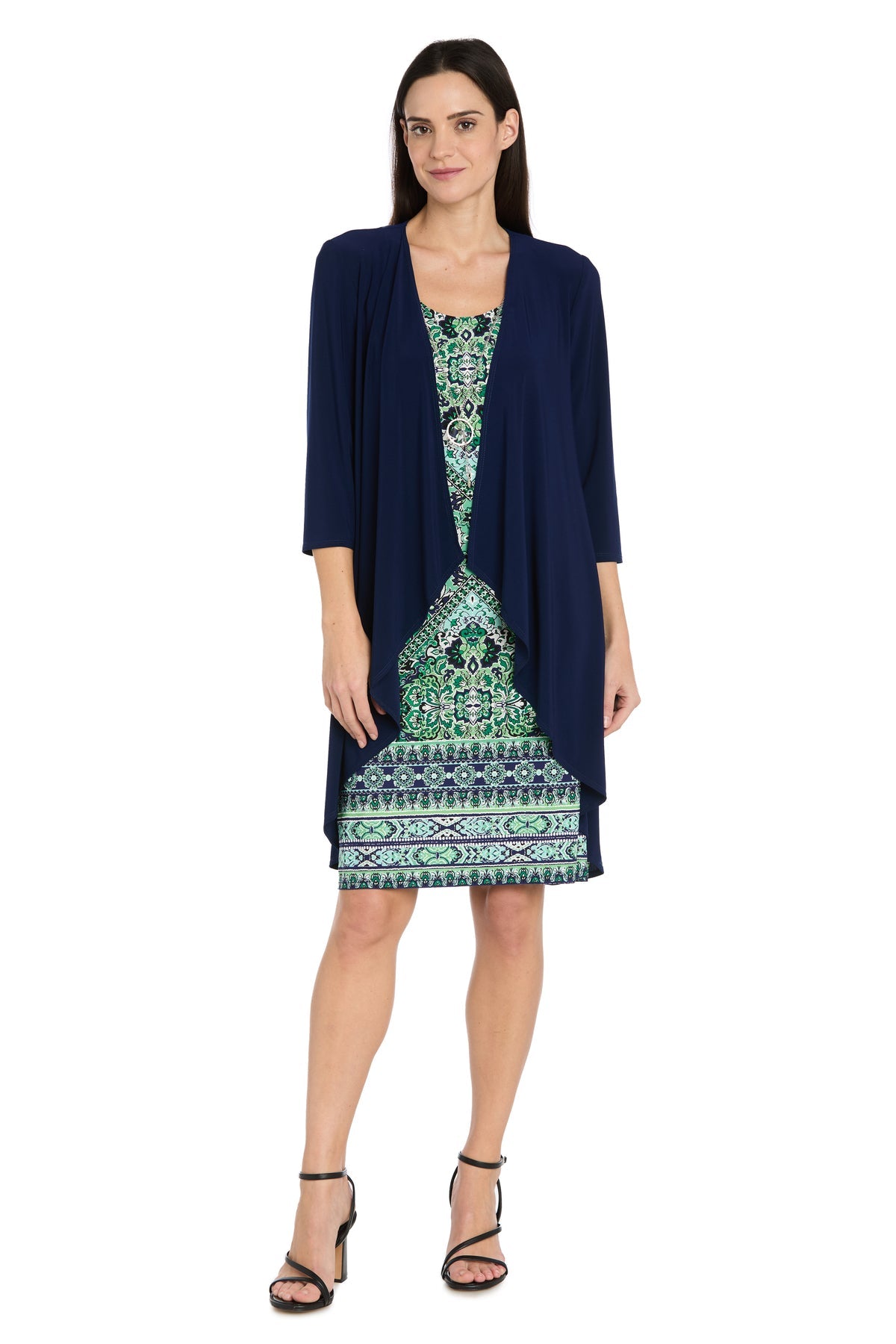 Navy/Green Scoop Knee-Length Jersey Cocktail Two-Piece Jacket Dress R&M Richards 5277P