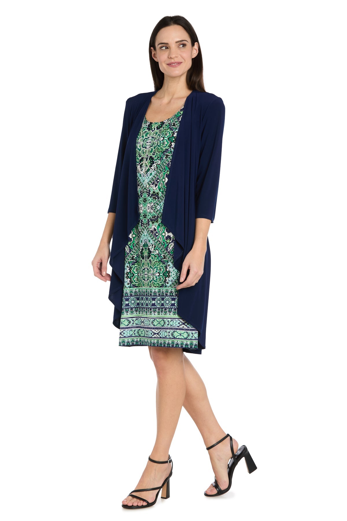 Navy/Green Scoop Knee-Length Jersey Cocktail Two-Piece Jacket Dress R&M Richards 5277P