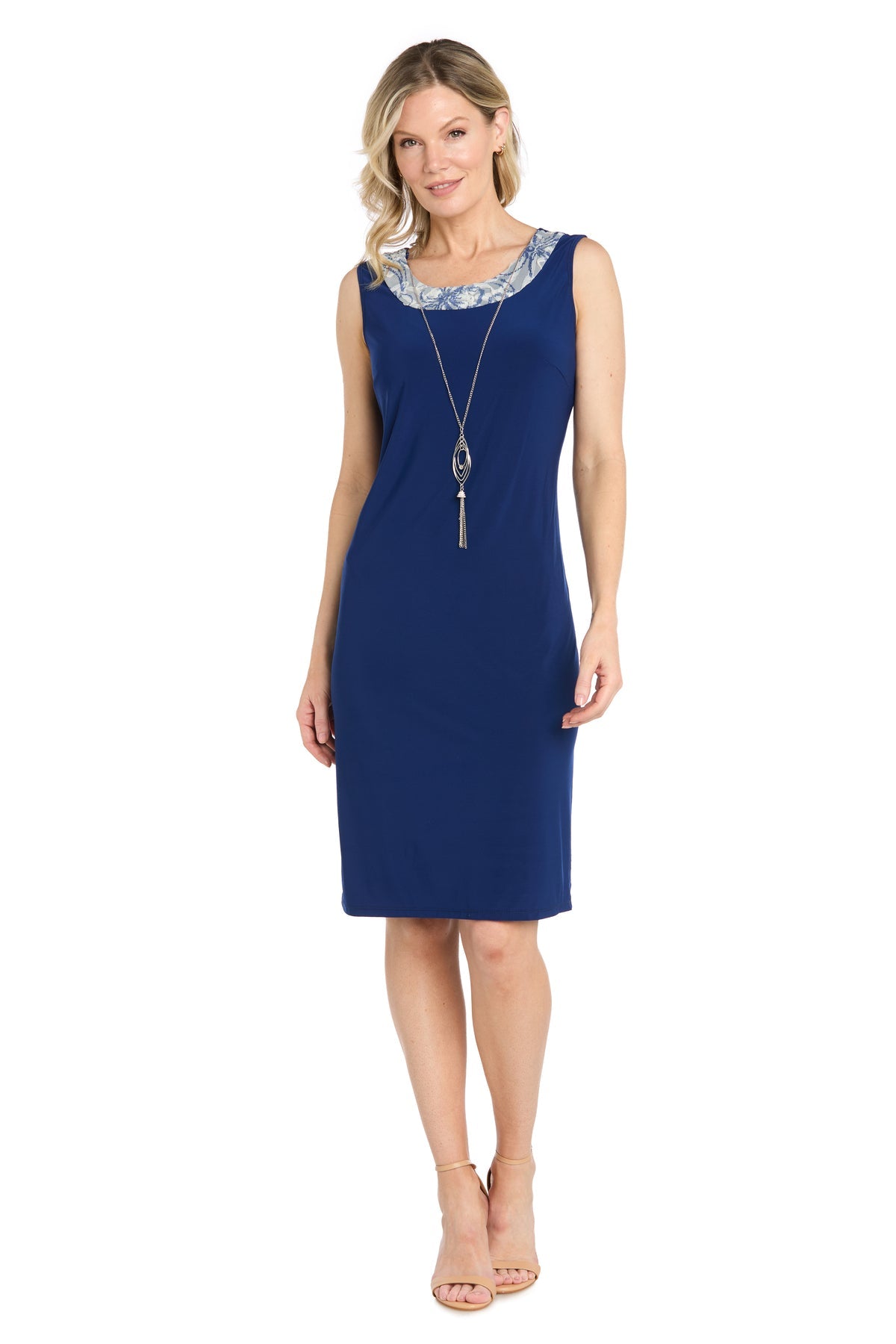 Cadet/Periwinkle R&M Richards 5279P Scoop Neck Knee-Length Sheath Cocktail Jacket Dress