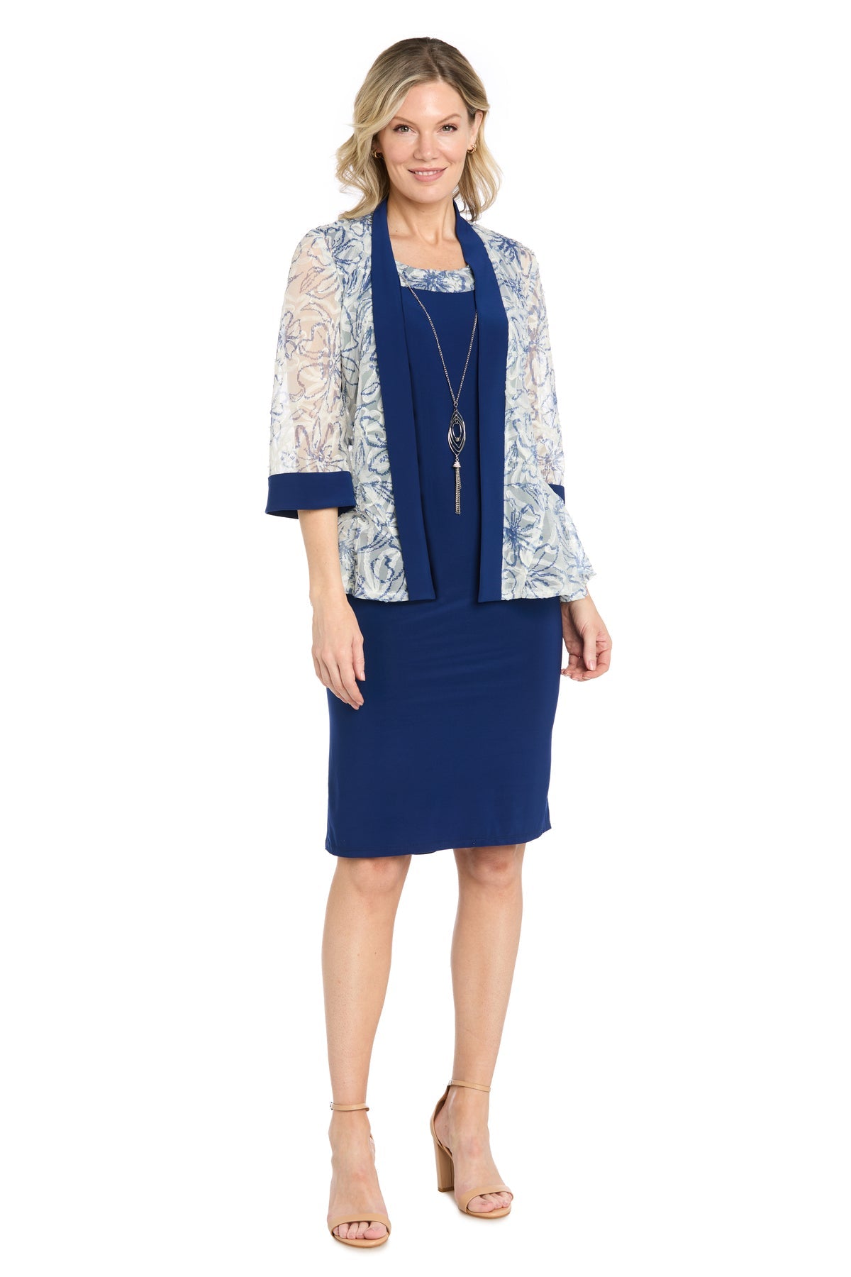 Cadet/Periwinkle R&M Richards 5279P Scoop Neck Knee-Length Sheath Cocktail Jacket Dress