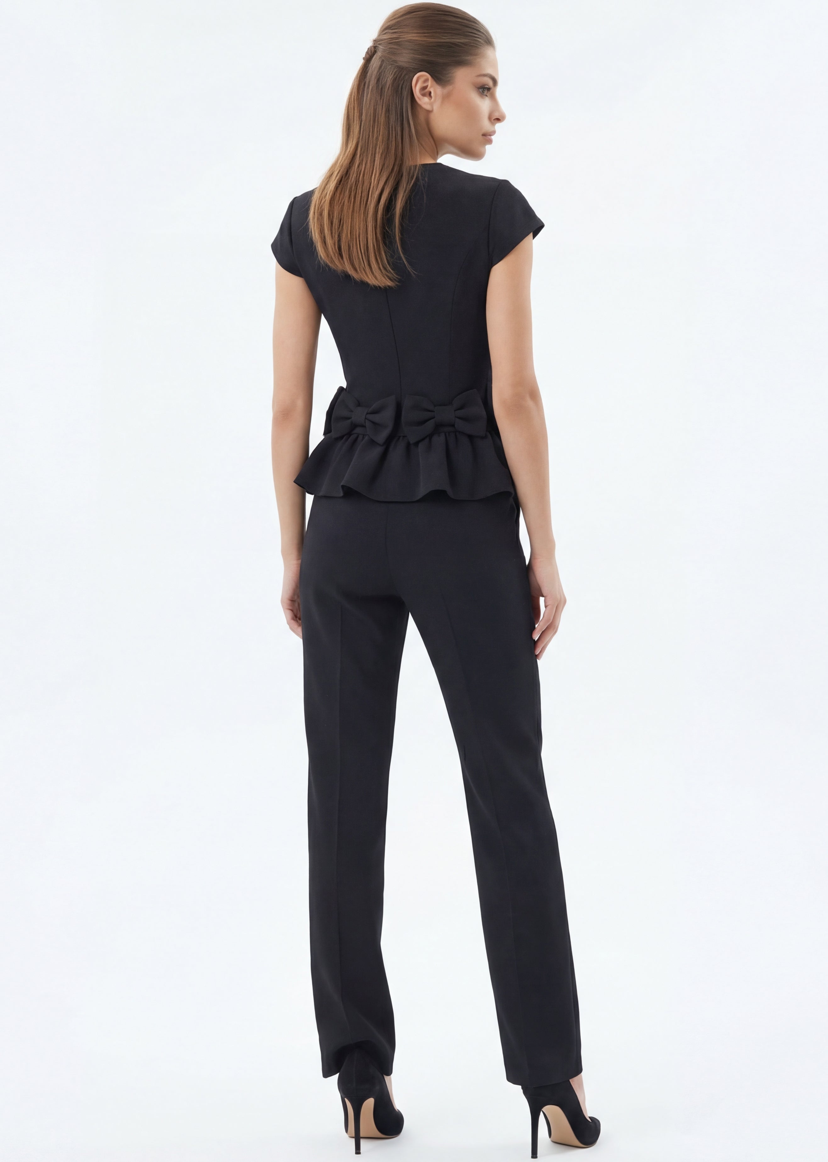Black High Neck Full-Length Stretch Crepe Formal Jumpsuit with Bow Waist Detail Jovani 52822