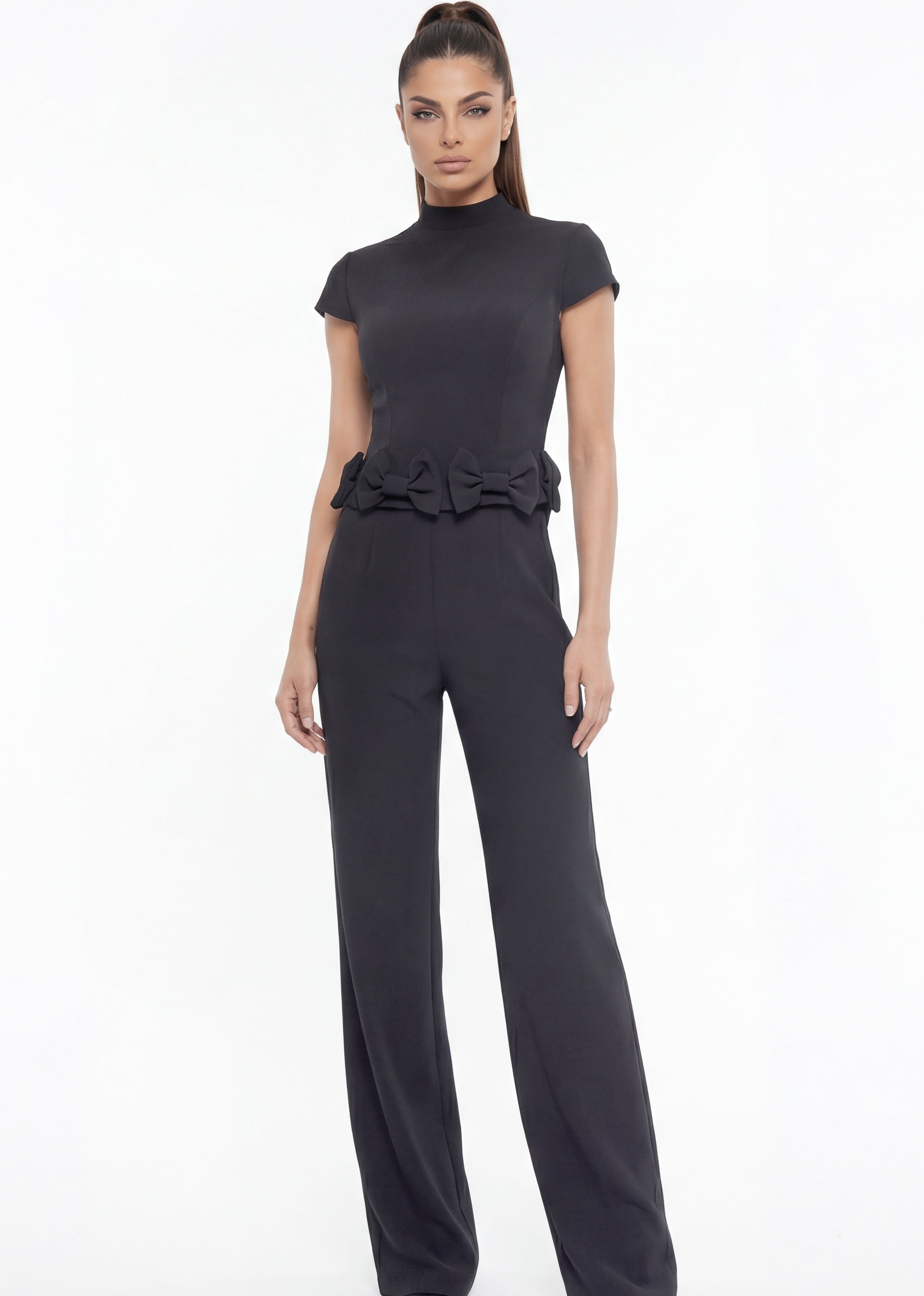 Black High Neck Full-Length Stretch Crepe Formal Jumpsuit with Bow Waist Detail Jovani 52822