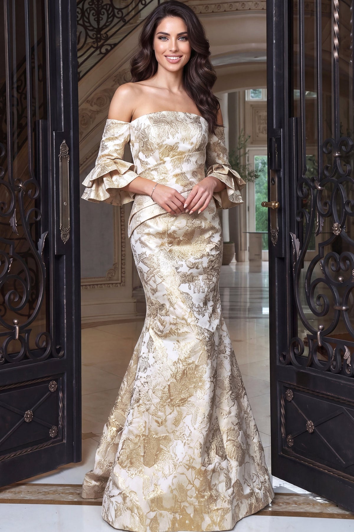 Off-the-Shoulder Floor-Length Satin Formal Mermaid Jovani 52823