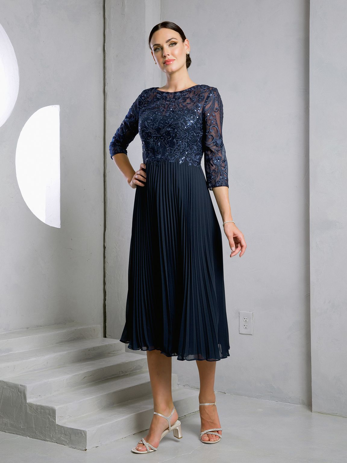 Eva Fashion 5285 Short Pleated Lace Mother of the Bride Midi Dress