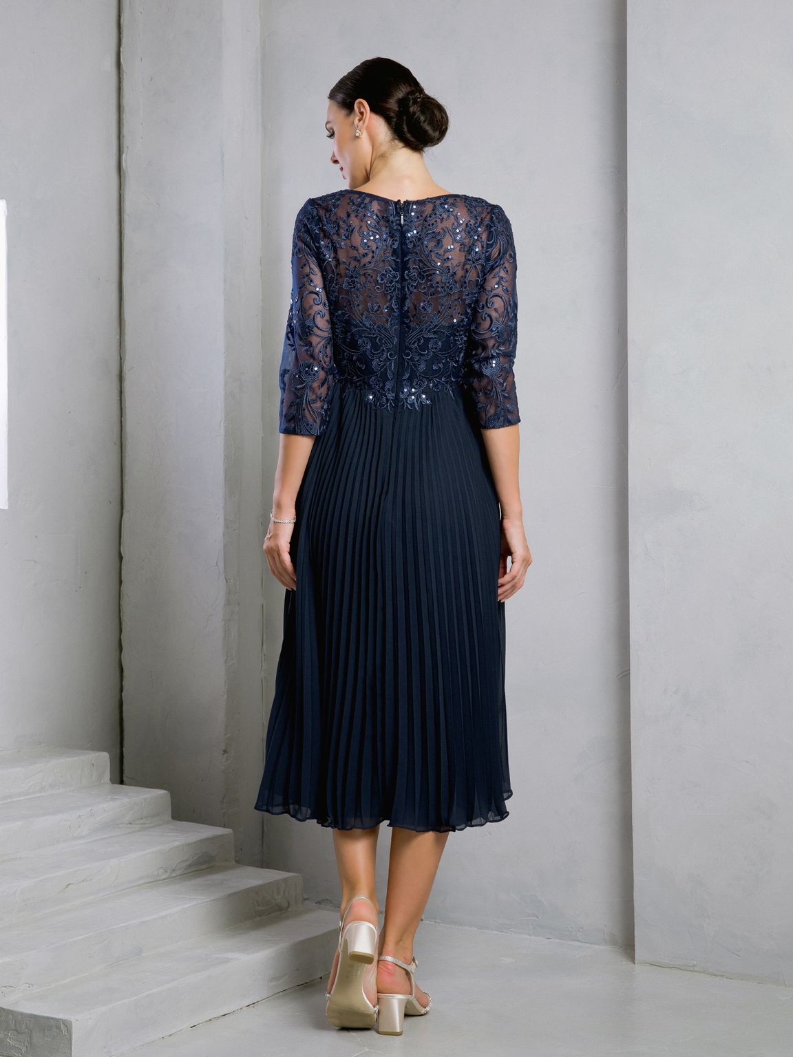 Eva Fashion 5285 Short Pleated Lace Mother of the Bride Midi Dress