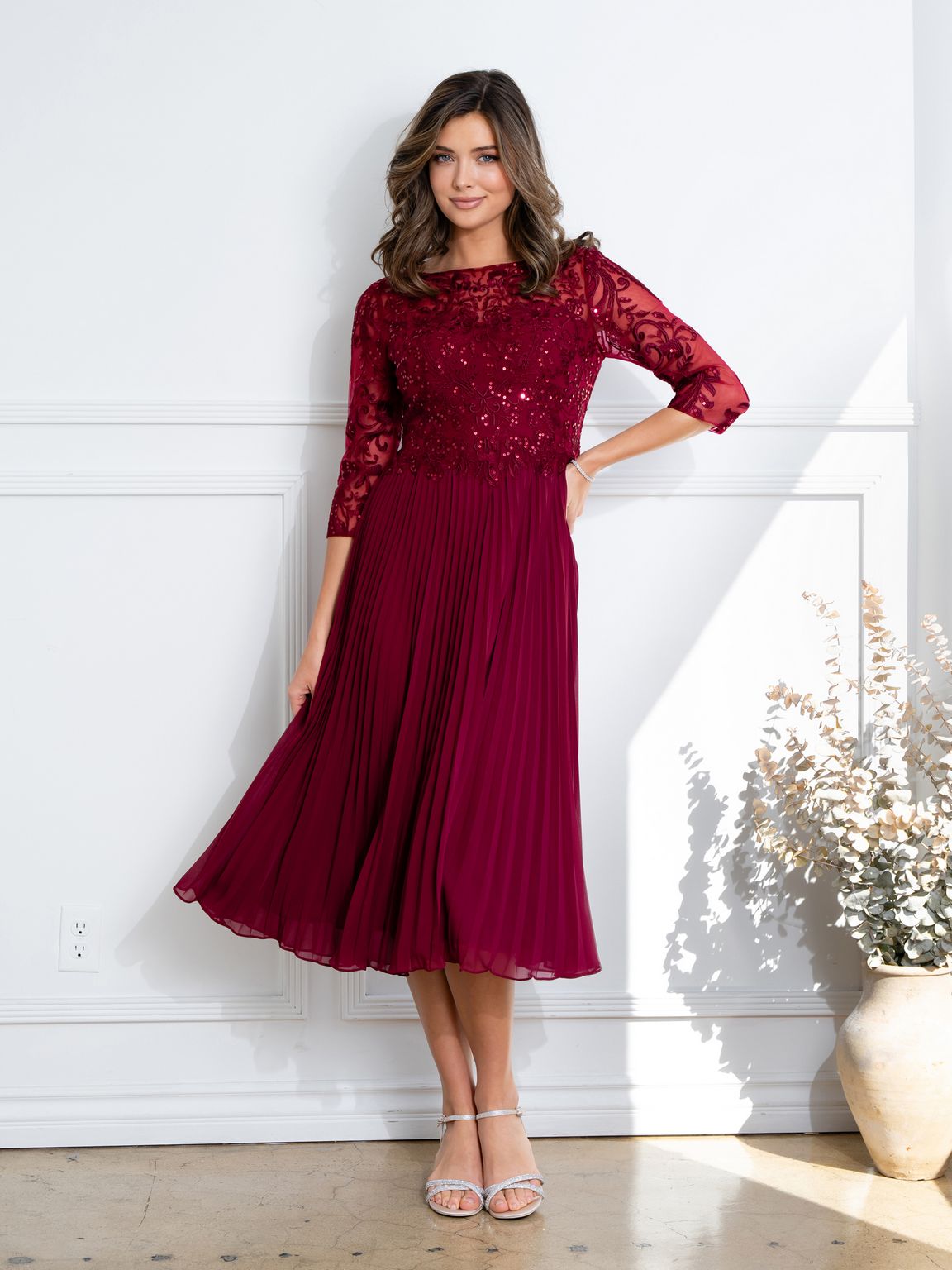 Eva Fashion 5285 Short Pleated Lace Mother of the Bride Midi Dress