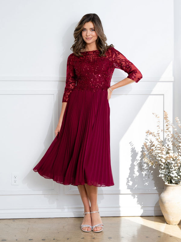 Eva Fashion 5285 Short Pleated Lace Mother of the Bride Midi Dress