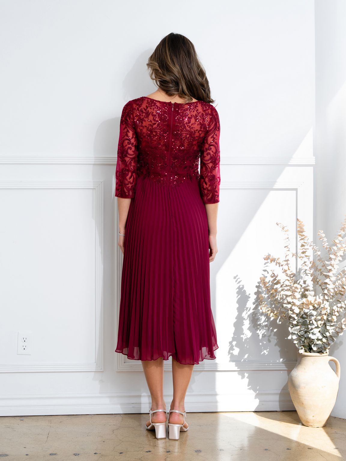 Burgundy Eva Fashion 5285 Short Pleated Lace Mother of the Bride Midi