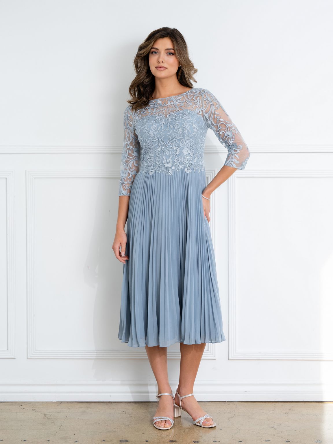 Eva Fashion 5285 Short Pleated Lace Mother of the Bride Midi Dress