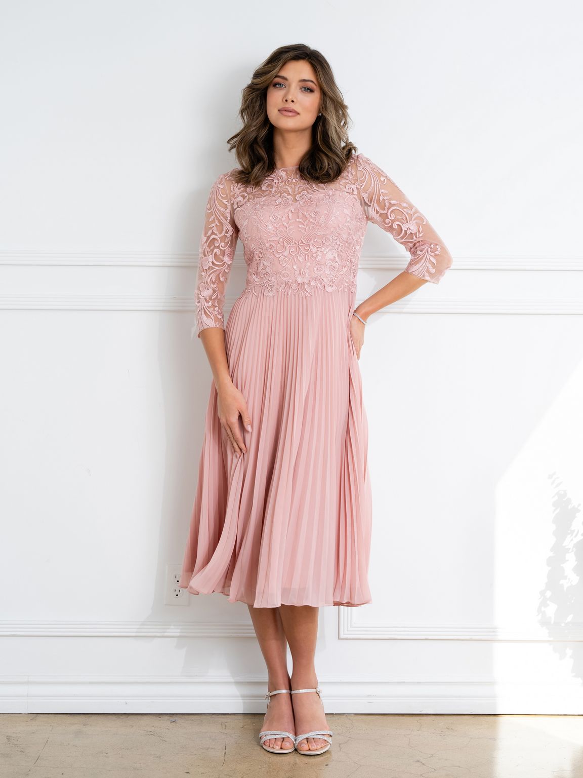 Eva Fashion 5285 Short Pleated Lace Mother of the Bride Midi Dress