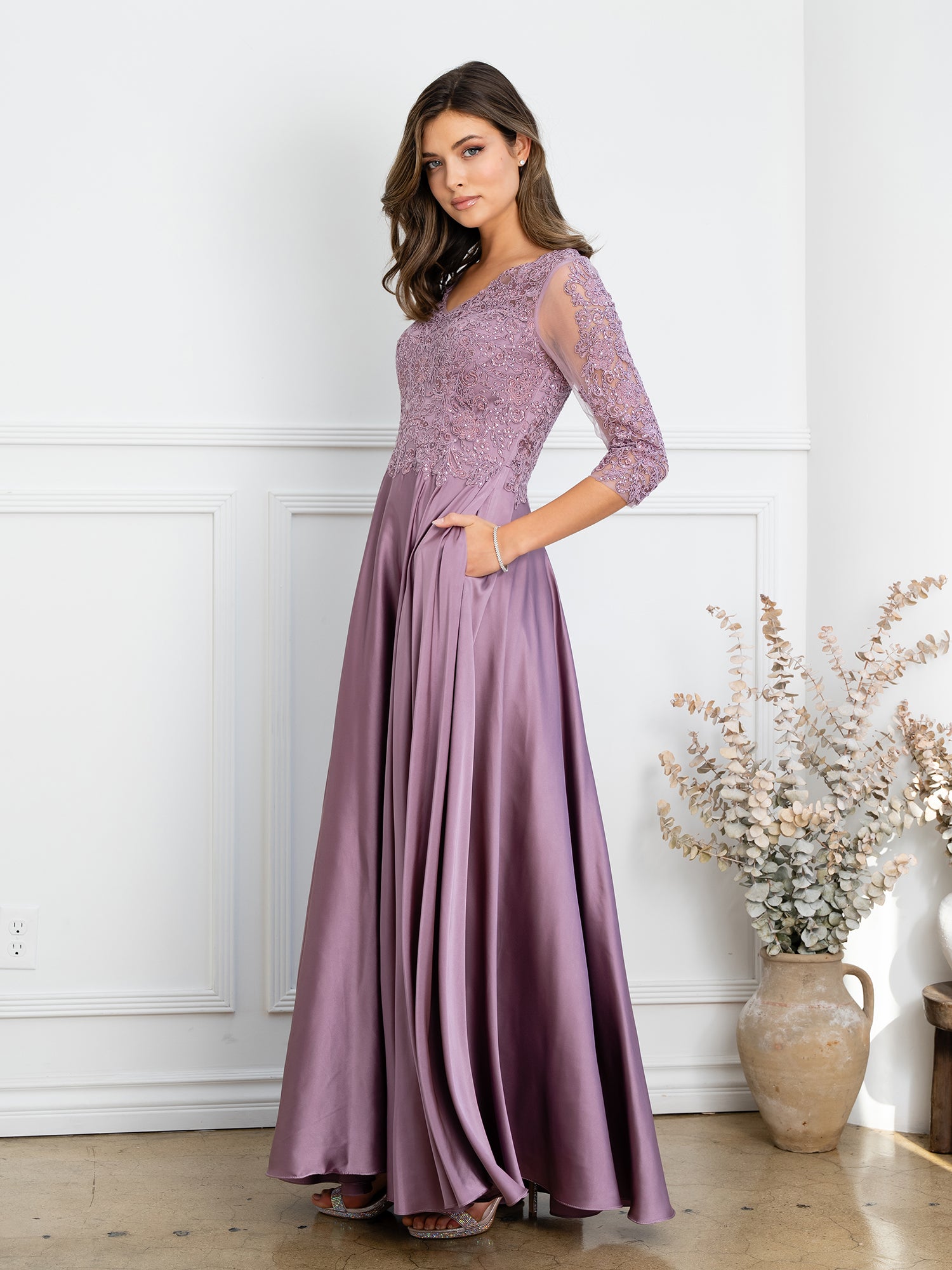 Eva Fashion 5286 Long Formal Mother of the Bride Lace Dress - Mauve / XL Eva Fashion 5286 Long Formal Mother of the Bride Lace Dress - Mauve / XL