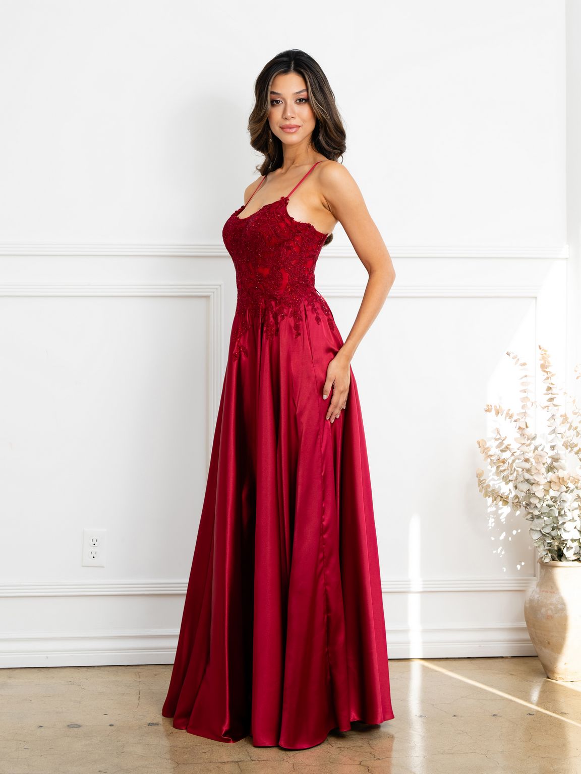 Prom Dresses A Line Long Formal Lace Applique Corset Prom Dress Burgundy