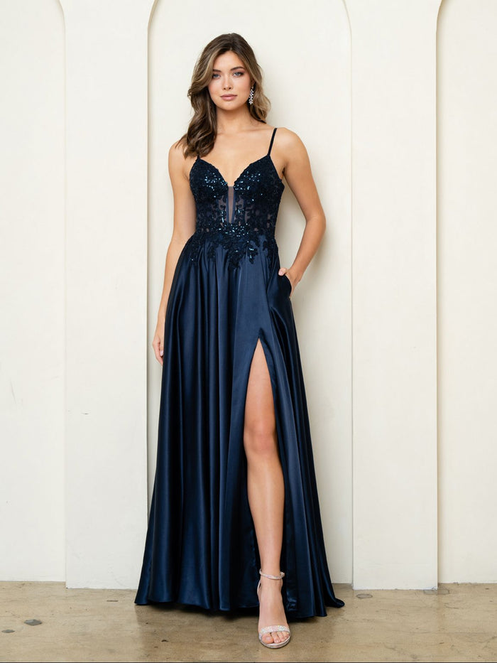 Prom Dresses A Line Long Formal Lace Sequin Prom Dress Navy