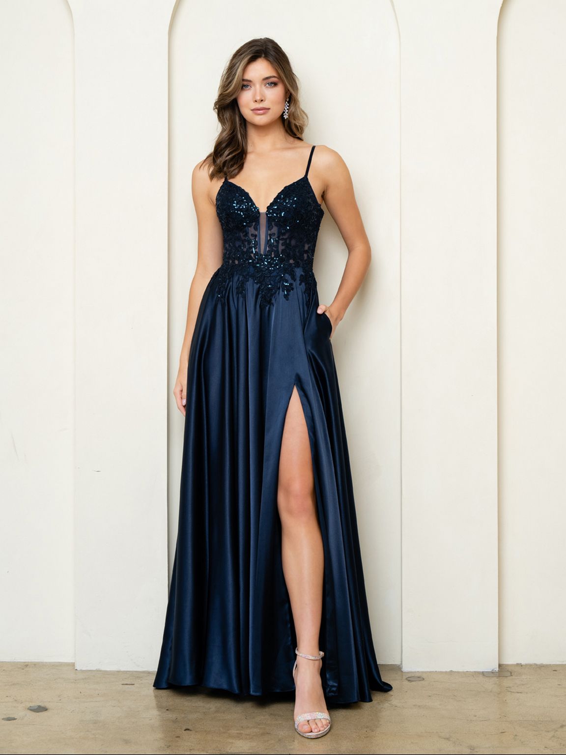 Prom Dresses A Line Long Formal Lace Sequin Prom Dress Navy