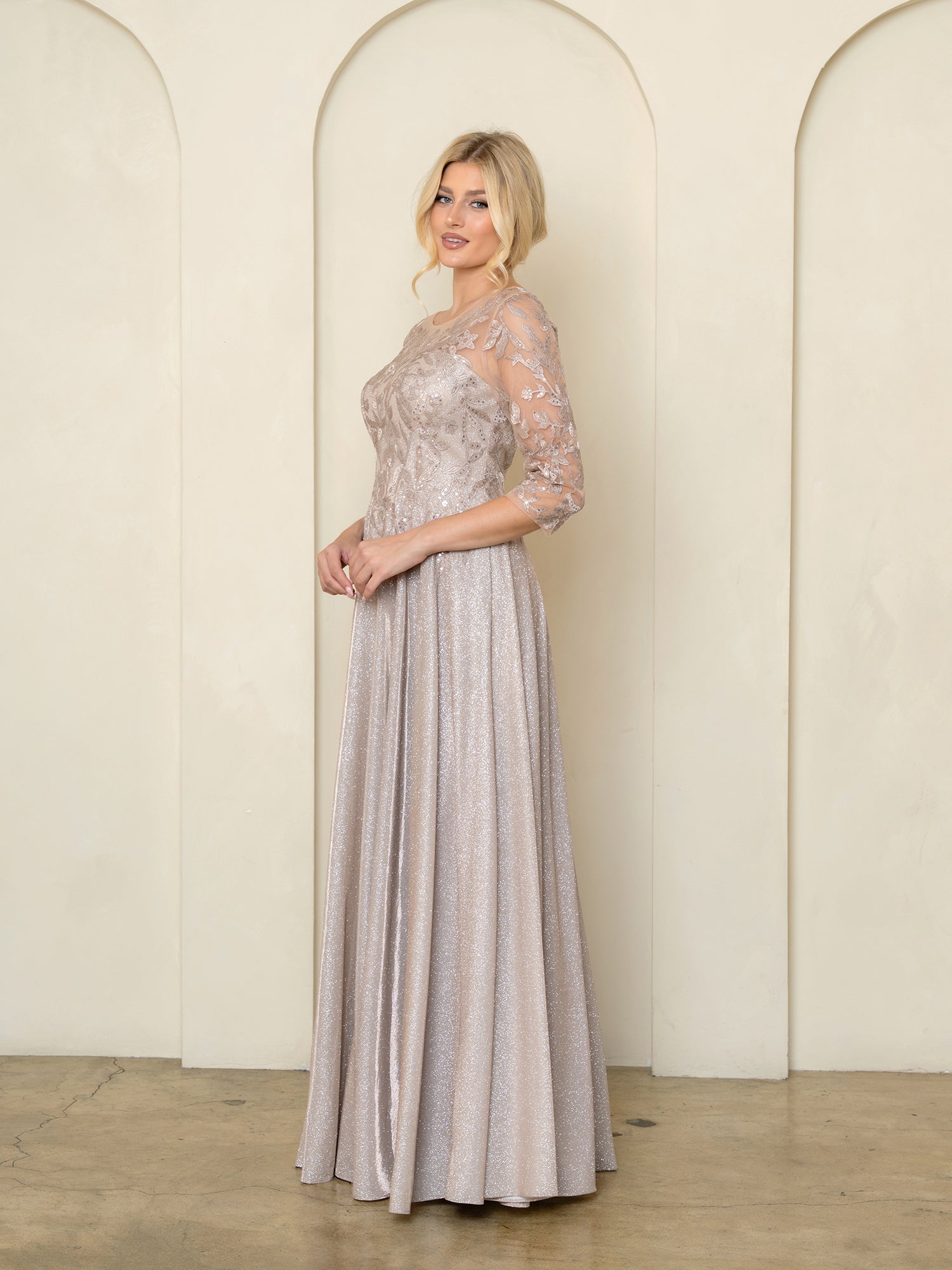Mother of the Bride Dresses Glitter Long Sleeve Formal Beaded Mother of the Bride Dress Mocha