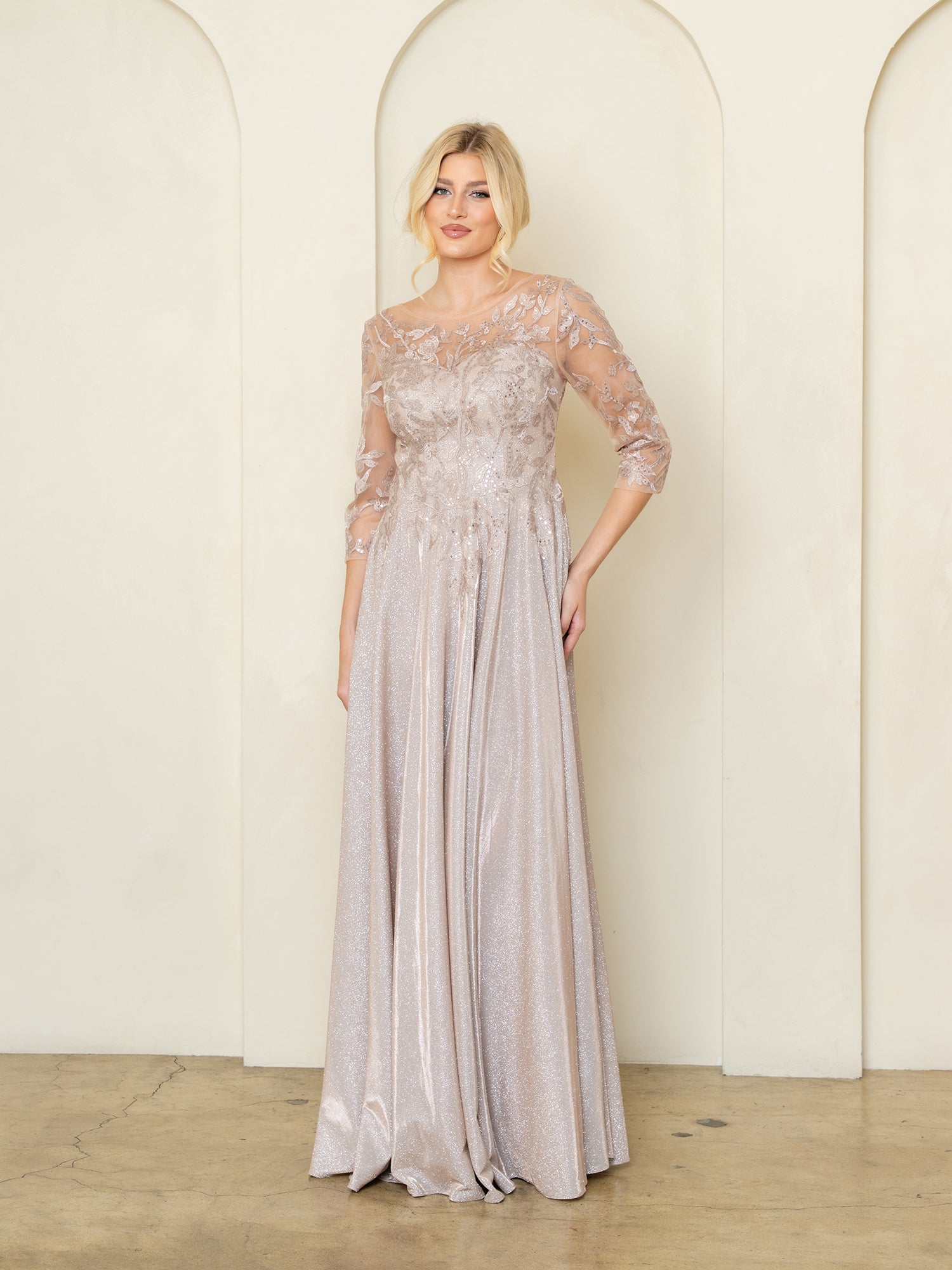 Mother of the Bride Dresses Glitter Long Sleeve Formal Beaded Mother of the Bride Dress Mocha