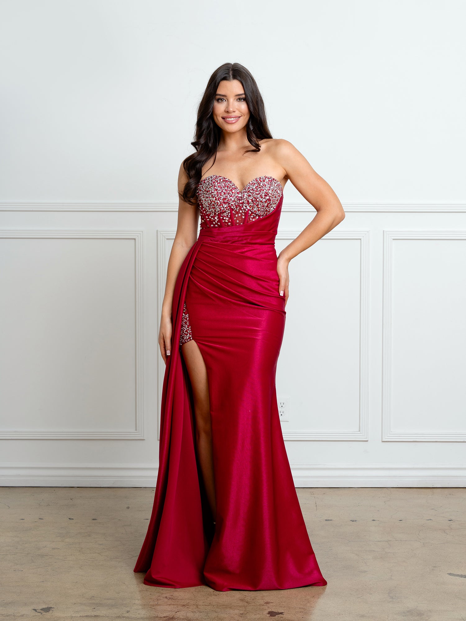 Prom Dresses Fitted Sequin Corset Beaded Long Formal Prom Dress Red