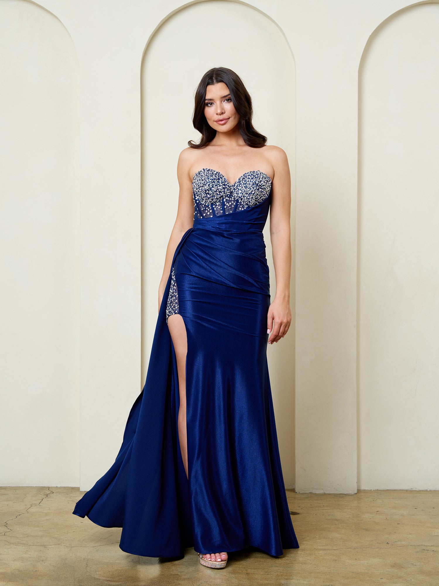 Prom Dresses Fitted Sequin Corset Beaded Long Formal Prom Dress Navy