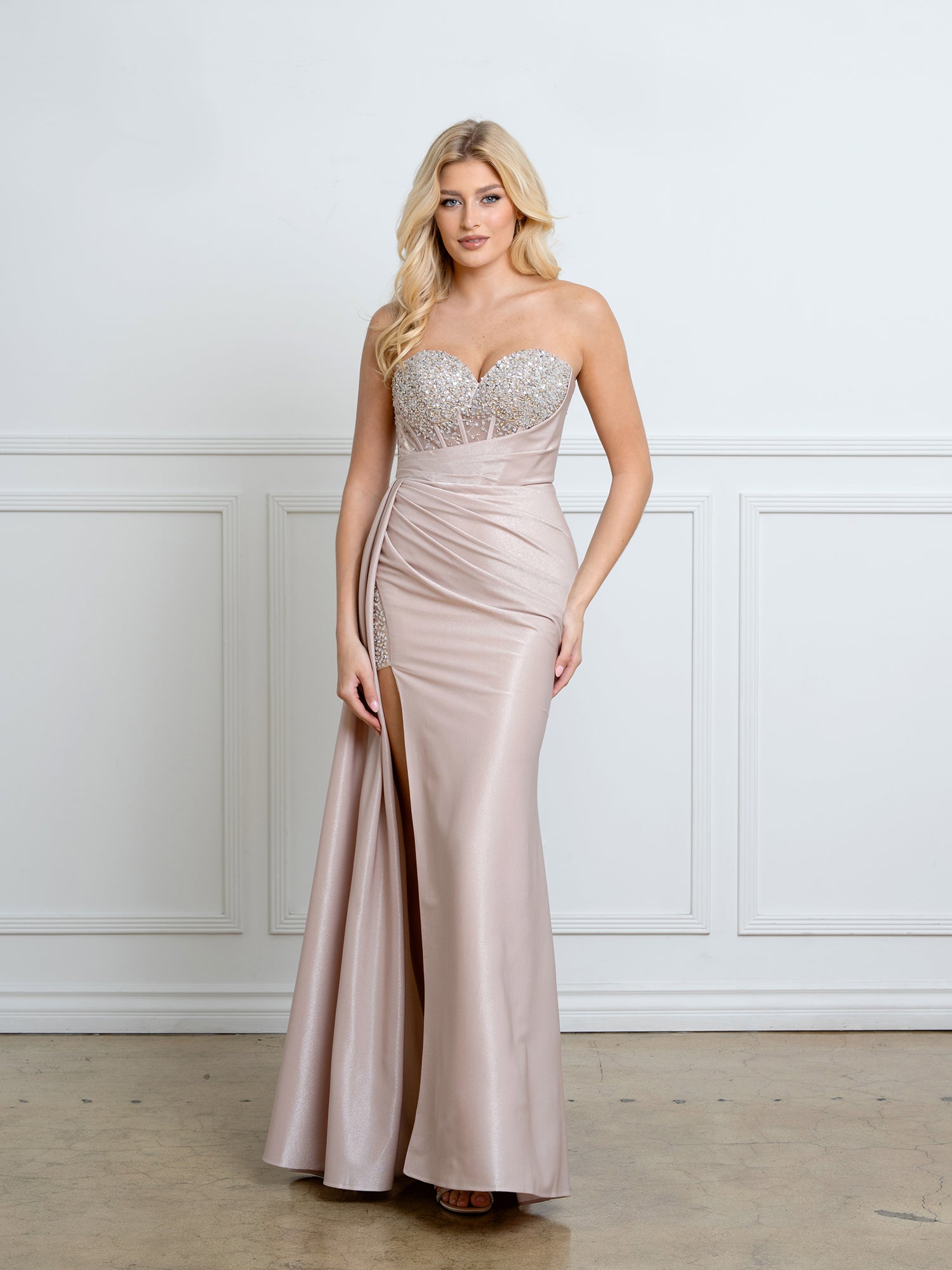 Prom Dresses Fitted Sequin Corset Beaded Long Formal Prom Dress Taupe