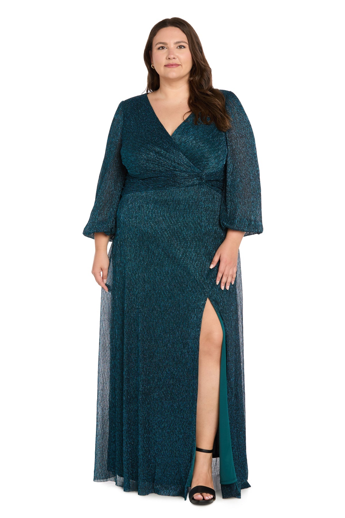 Peacock R&M Richards 5311W V-Neck Floor-Length Metallic Evening Dress High Slit
