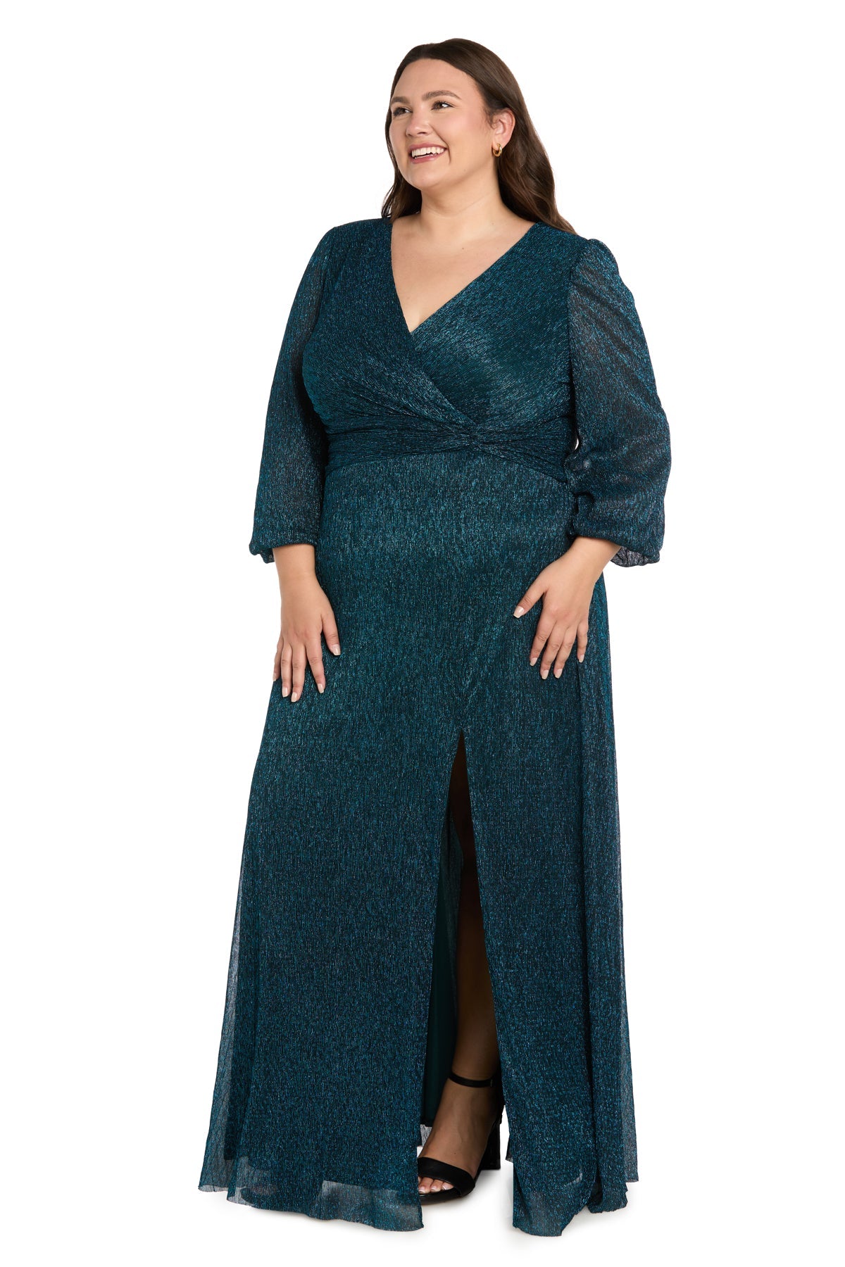 Peacock R&M Richards 5311W V-Neck Floor-Length Metallic Evening Dress High Slit
