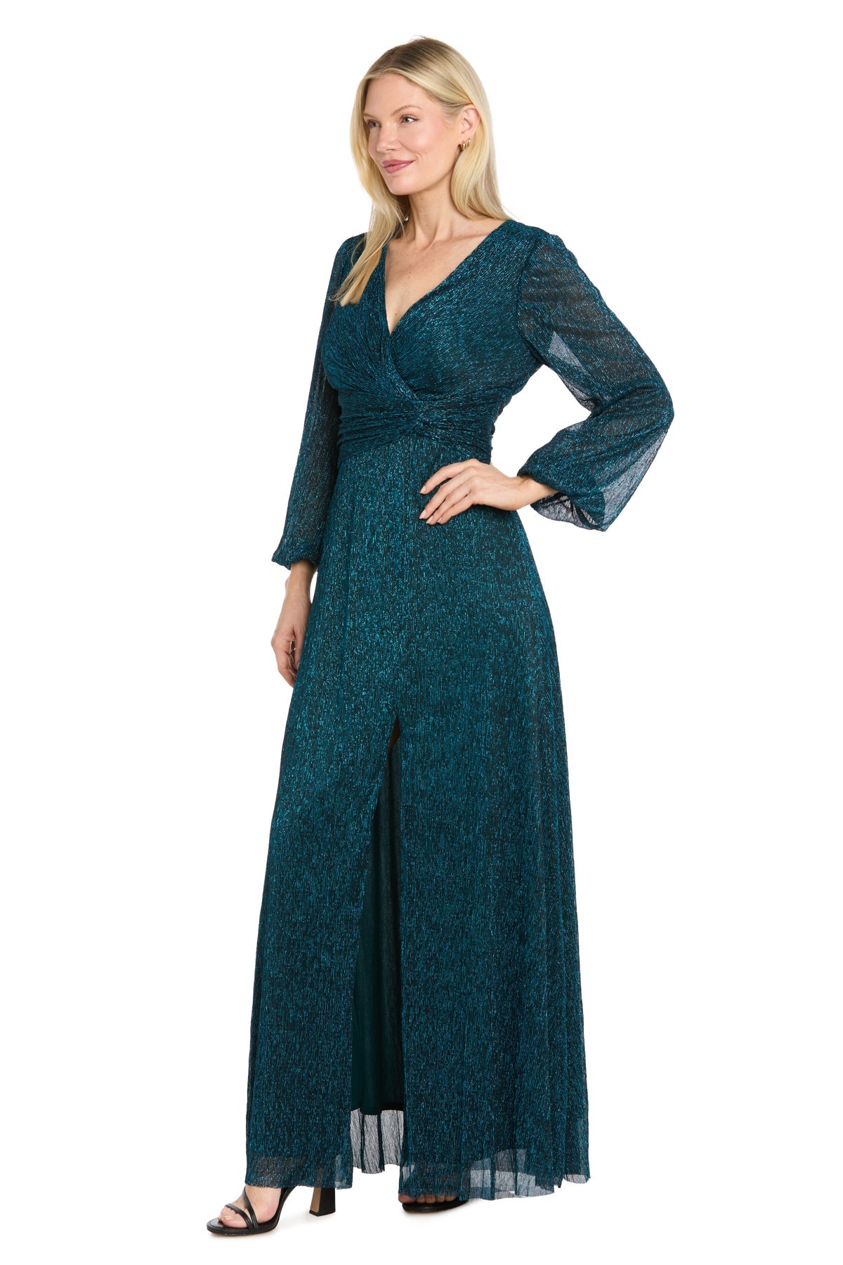 Peacock R&M Richards 5311 V-Neck Floor-Length Metallic Evening Dress A-Line