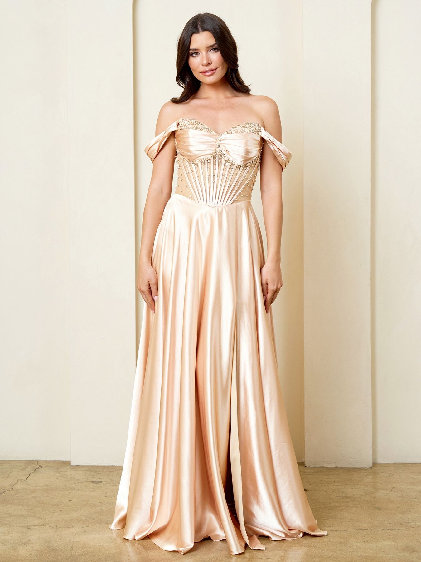 Long Corset A Line Formal Beaded Prom Dress Eva Fashion 5315 - Champagne / 2XL Long Corset A Line Formal Beaded Prom Dress Eva Fashion 5315 - Champagne / 2XL