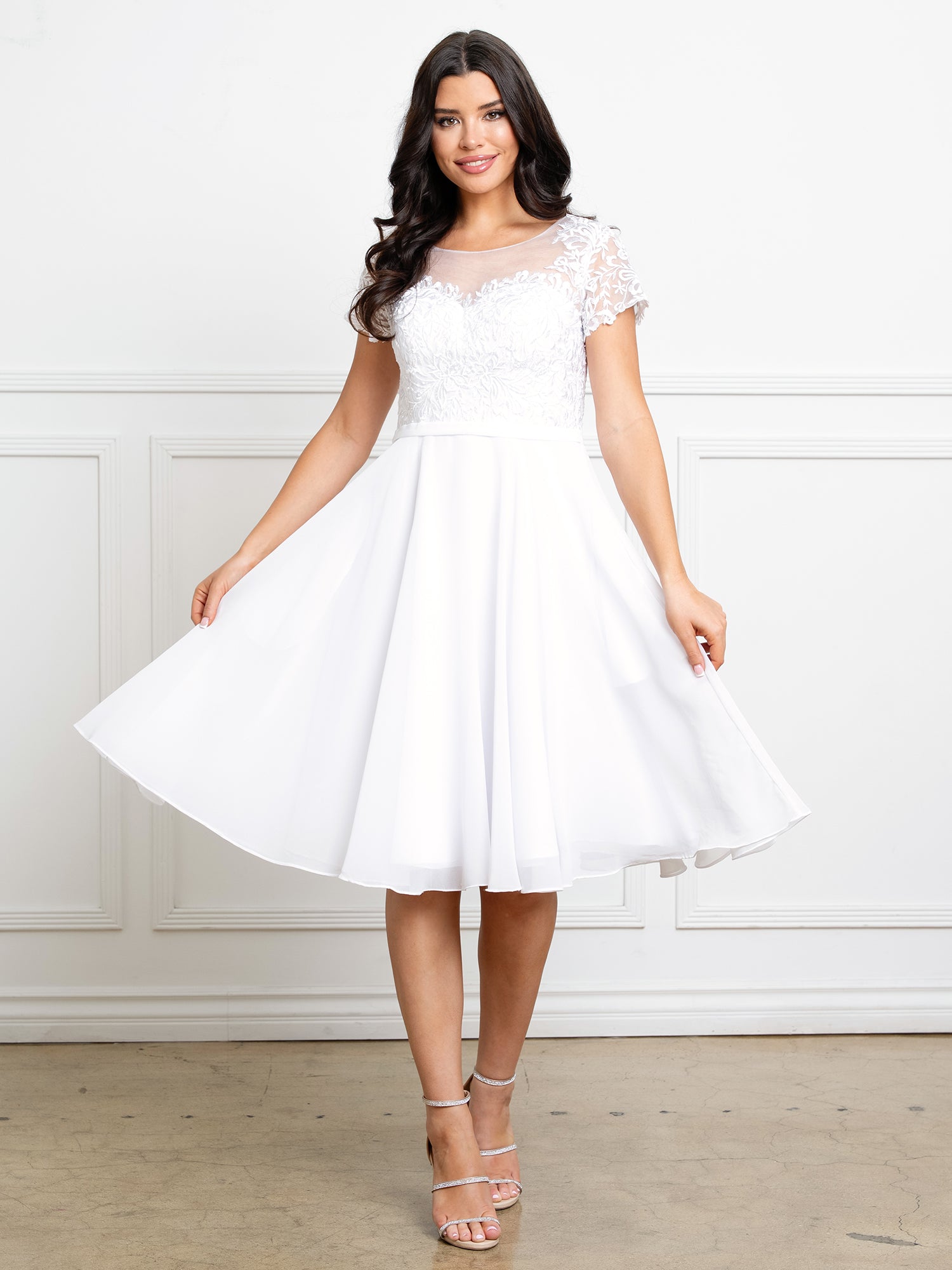 Illusion Tea-Length Chiffon Wedding Dress A-Line Eva Fashion 5319